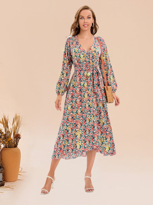 Full Size Printed Surplice Long Sleeve Dress BLUE ZONE PLANET