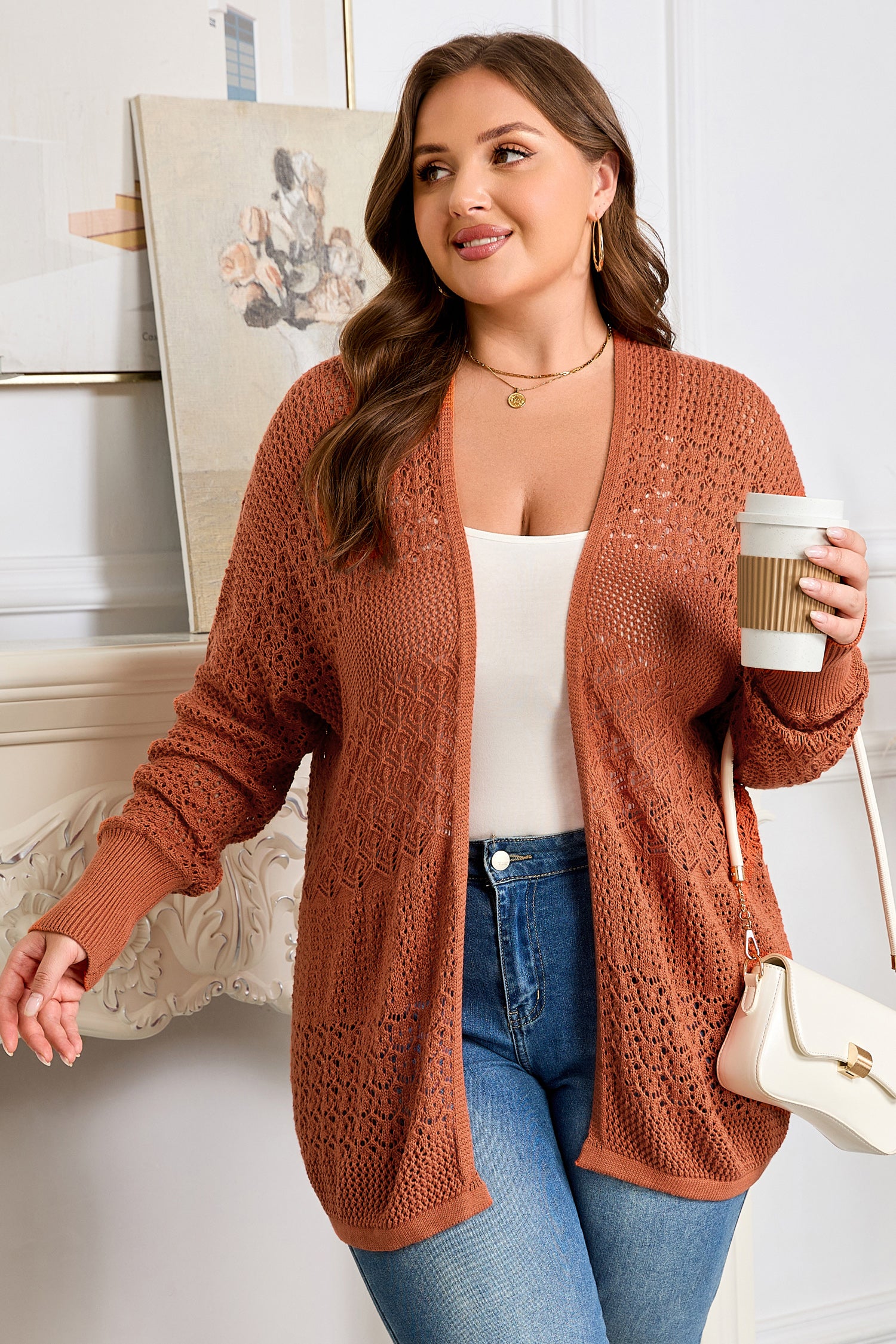 Redwood Burl Mixed Pattern Knitted Open Front Plus Cardigan-Plus Size/Plus Size Sweaters & Cardigans-[Adult]-[Female]-2022 Online Blue Zone Planet