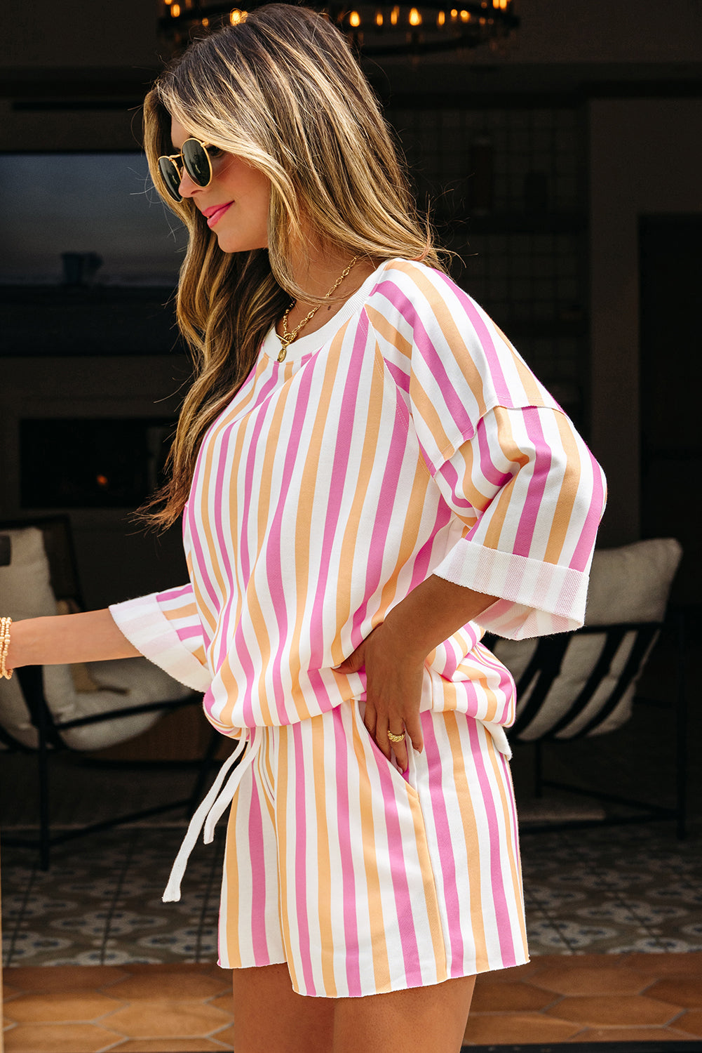 Pink Stripe Drop Shoulder Half Sleeve Loose Tee and Shorts Casual Set-Two Piece Sets/Short Sets-[Adult]-[Female]-2022 Online Blue Zone Planet