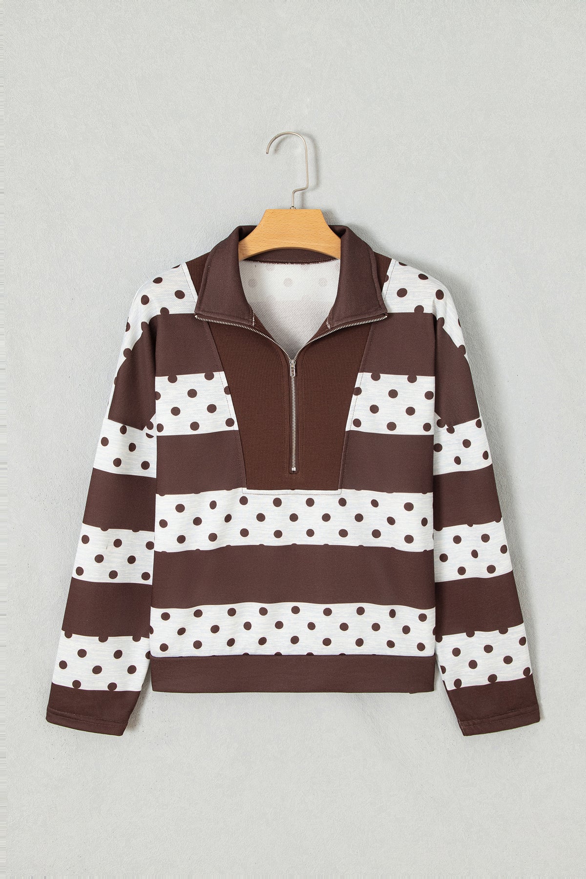 Brown Stripe Patchwork Polka Dot Accent Quarter Zip Long Sleeve Top-Tops/Long Sleeve Tops-[Adult]-[Female]-2022 Online Blue Zone Planet