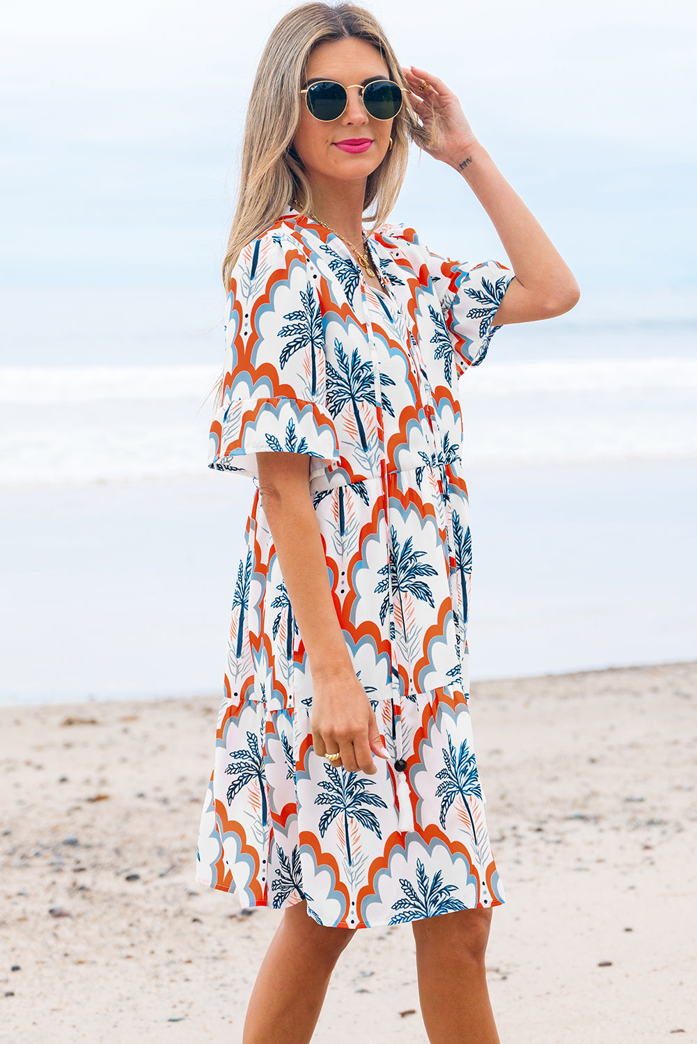 Orange Contrast Palm Tree Printed Short Sleeve Flowy Dress-TOPS / DRESSES-[Adult]-[Female]-2022 Online Blue Zone Planet