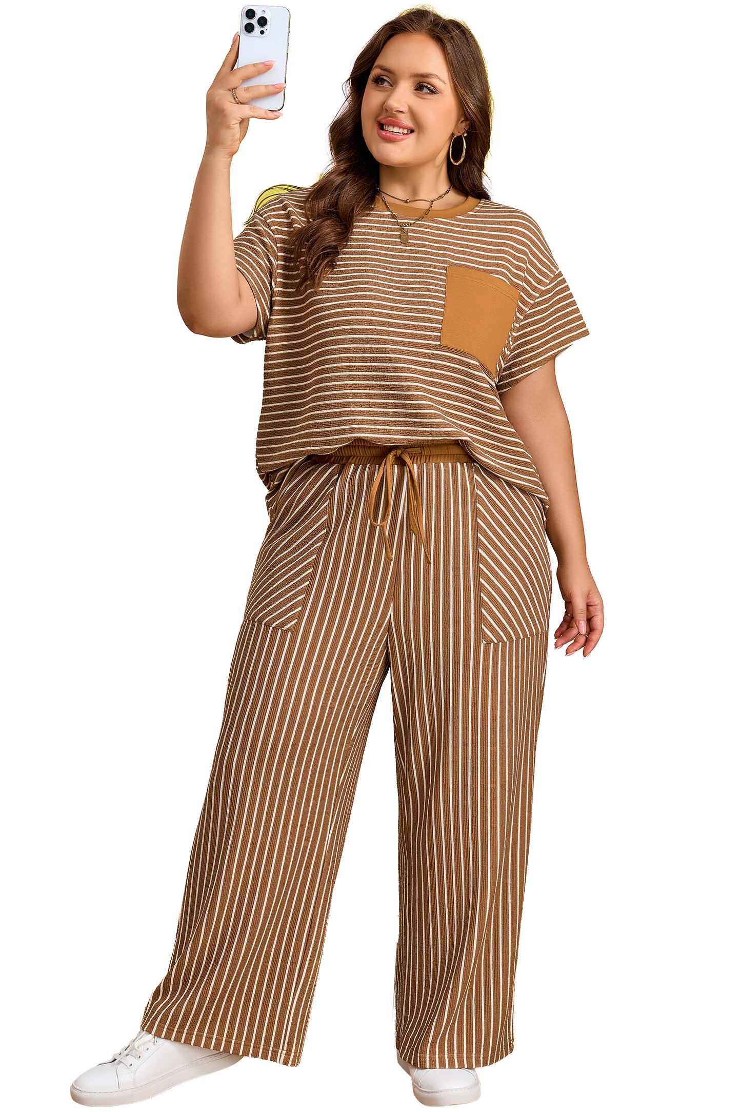 Khaki Stripe Plus Size Striped Colorblock Pocket Lounge Set-Plus Size/Plus Size Loungewear-[Adult]-[Female]-2022 Online Blue Zone Planet
