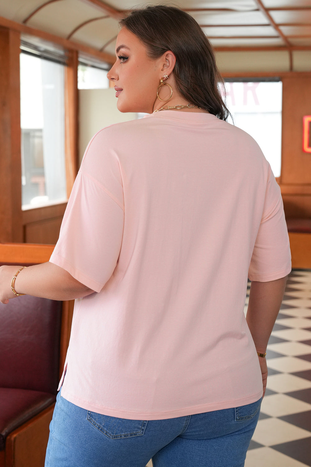 Light Pink Eyelet Lace Star Applique Plus Size T Shirt-Plus Size/Plus Size Tops/Plus Size Tops & Tees-[Adult]-[Female]-2022 Online Blue Zone Planet