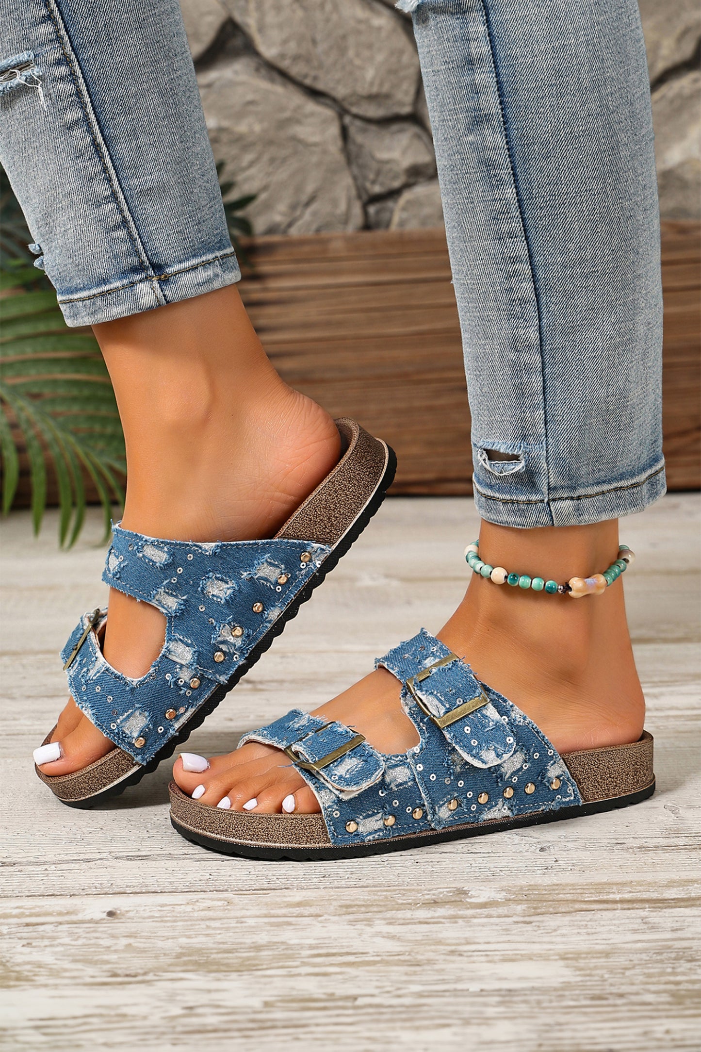 Black white Denim Distressed Retro Buckle Straps Hollowed Faux Suede Slippers
