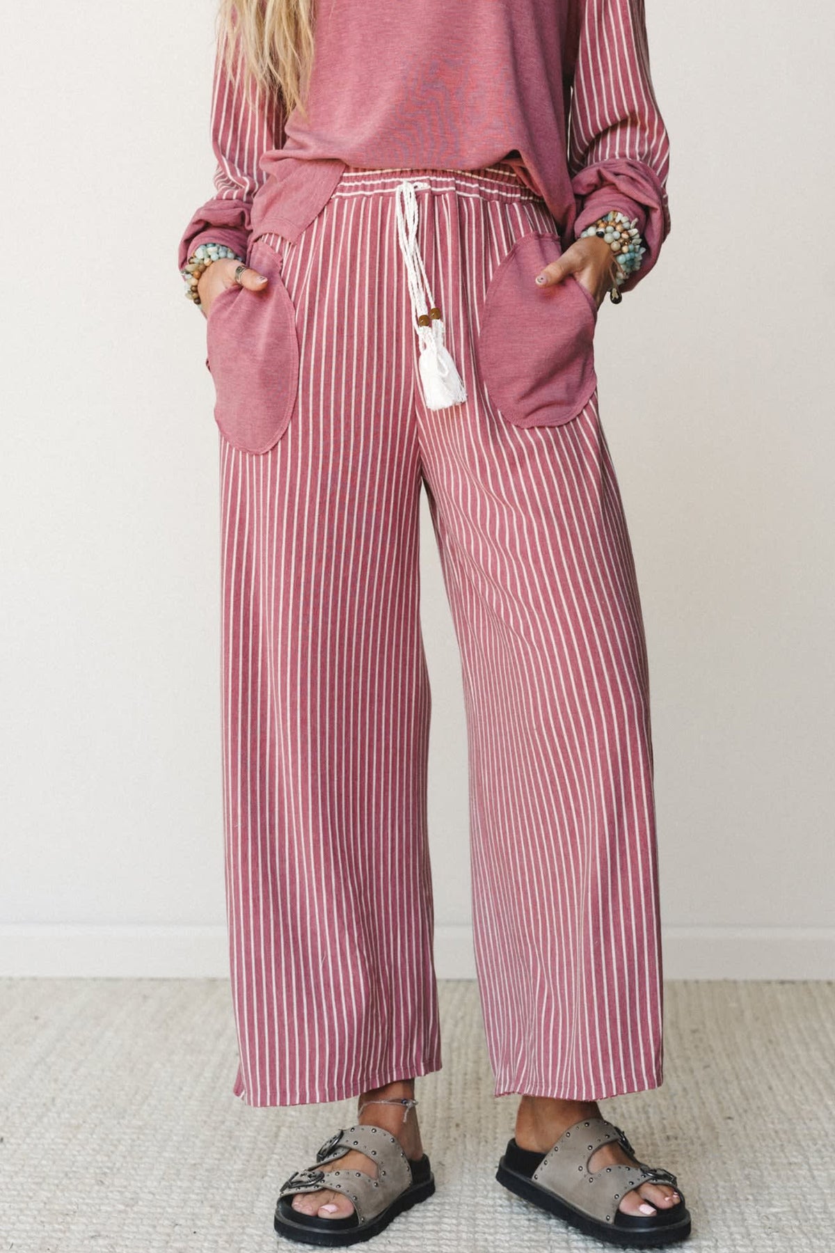 Fushia Raw Seam Patchwork Long Sleeve Top Pocket Casual Pants 2pcs Set-Two Piece Sets/Pant Sets-[Adult]-[Female]-2022 Online Blue Zone Planet