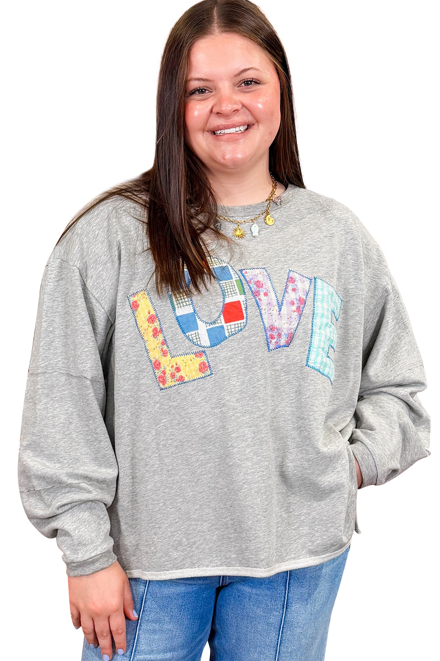 Light Grey Long Sleeve Patch Embroidery Tunic Plus Size Blouse-Plus Size/Plus Size Tops/Plus Size Long Sleeve Tops-[Adult]-[Female]-2022 Online Blue Zone Planet