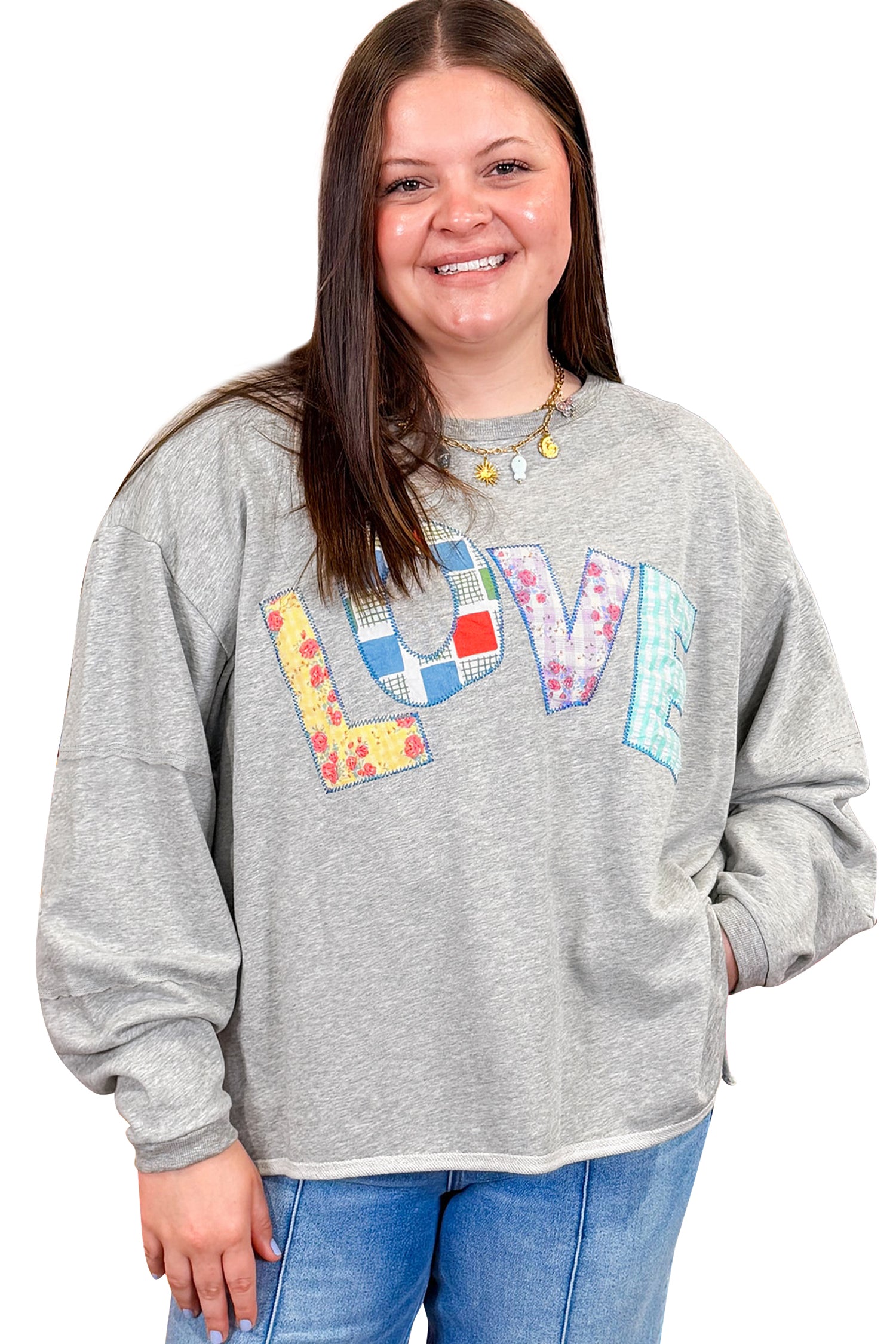 Light Grey Long Sleeve Patch Embroidery Tunic Plus Size Blouse-Plus Size/Plus Size Tops/Plus Size Long Sleeve Tops-[Adult]-[Female]-2022 Online Blue Zone Planet