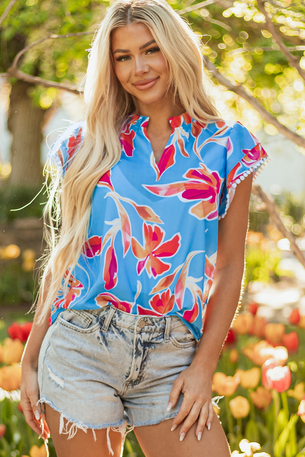 Sky Blue Floral Print V Neck Pompom Trim Flutter Sleeve Blouse-Tops/Blouses & Shirts-[Adult]-[Female]-2022 Online Blue Zone Planet