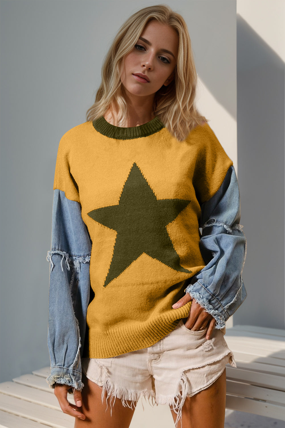 Blue Zone Planet | Double Take Full Size Star Pattern Raw Edge Long Sleeve Sweater-TOPS / DRESSES-[Adult]-[Female]-Yellow-S/M-2022 Online Blue Zone Planet