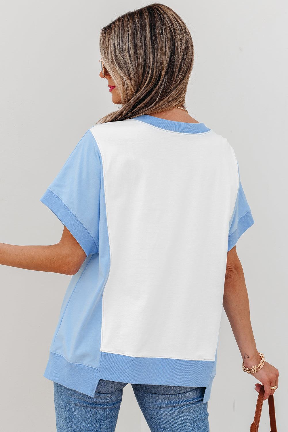 Sky Blue Color Block Exposed Seam Crew Neck T Shirt-Tops/Tops & Tees-[Adult]-[Female]-2022 Online Blue Zone Planet