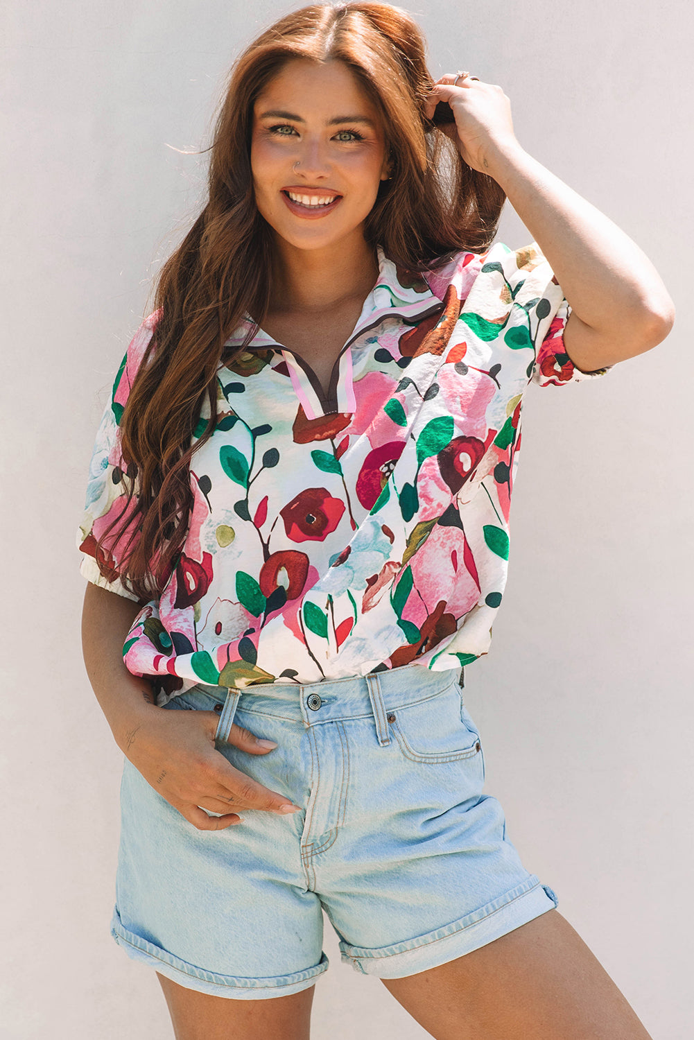 Pink Floral Print Slit V Neck Short Sleeve Blouse-Tops/Blouses & Shirts-[Adult]-[Female]-2022 Online Blue Zone Planet