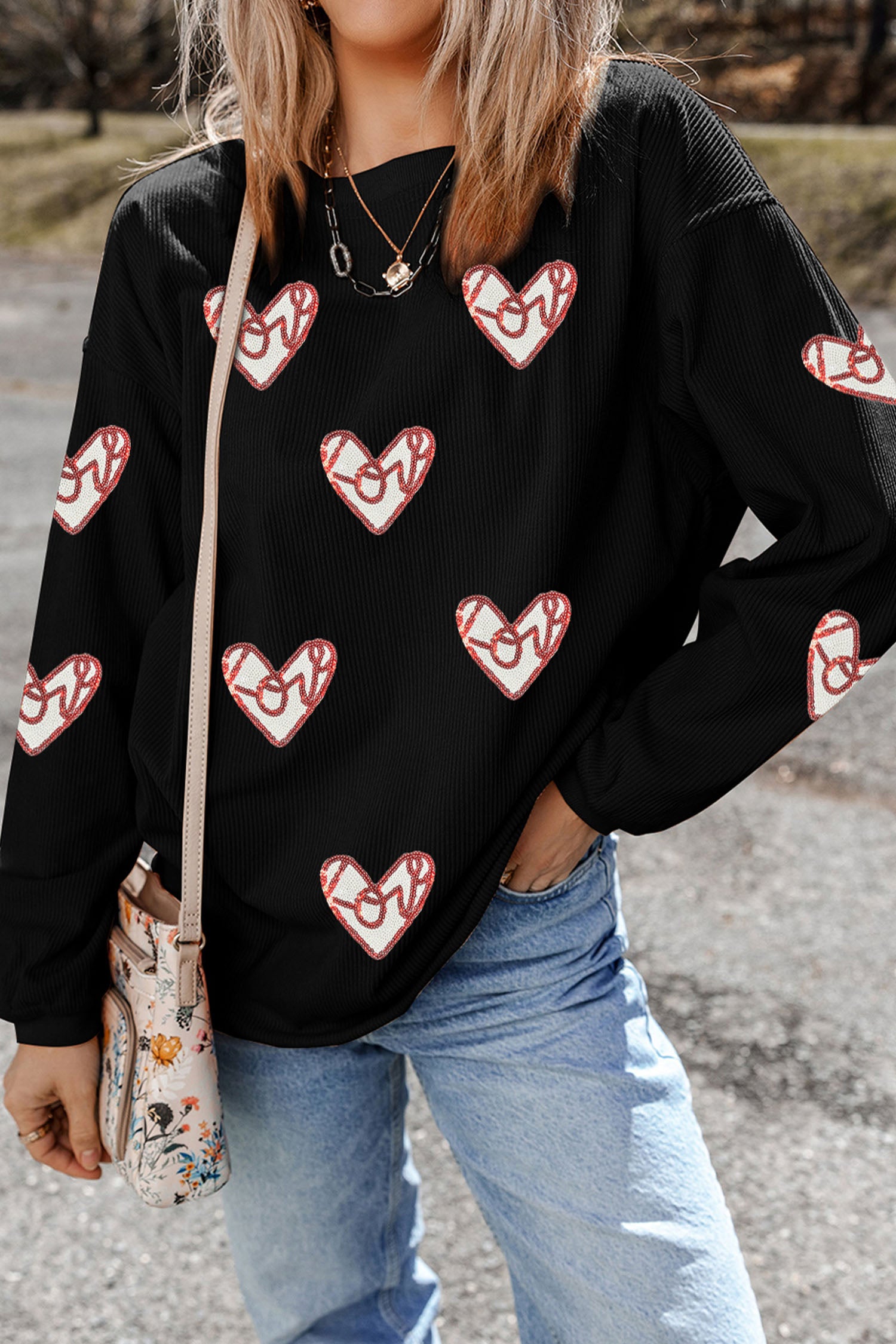 Black Corded Ribbed Love Heart Sequin Patched Graphic Sweatshirt-Graphic Sweatshirts-[Adult]-[Female]-2022 Online Blue Zone Planet