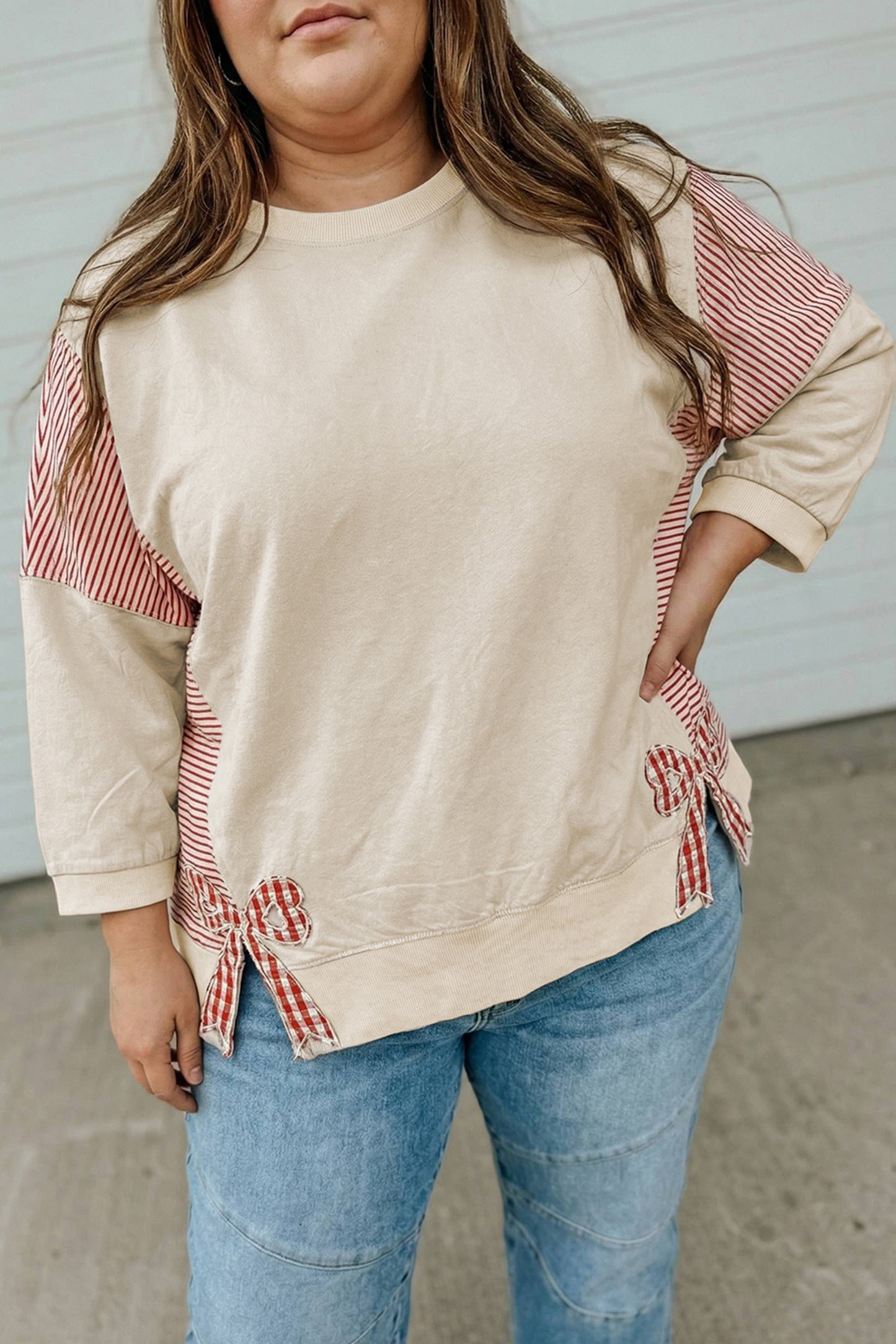 Parchment Striped Colorblock Patchwork Bow Detail Bracelet Sleeve Plus Size Top-Bracelet-[Adult]-[Female]-2022 Online Blue Zone Planet