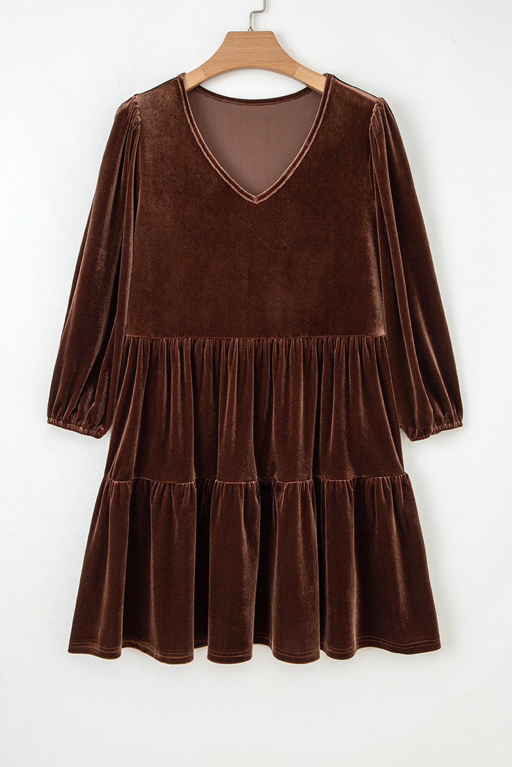 Chicory Coffee Solid Color Velvet V Neck Long Sleeve Tiered Mini Dress-Dresses/Mini Dresses-[Adult]-[Female]-2022 Online Blue Zone Planet