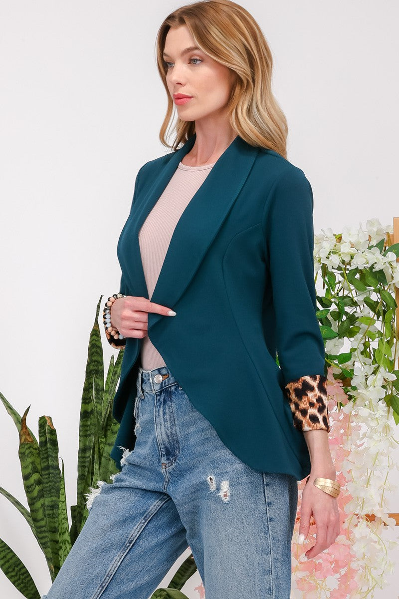 Blue Zone Planet | Celeste Full Size Rolled Leopard Cuff Open Front Blazer-TOPS / DRESSES-[Adult]-[Female]-2022 Online Blue Zone Planet