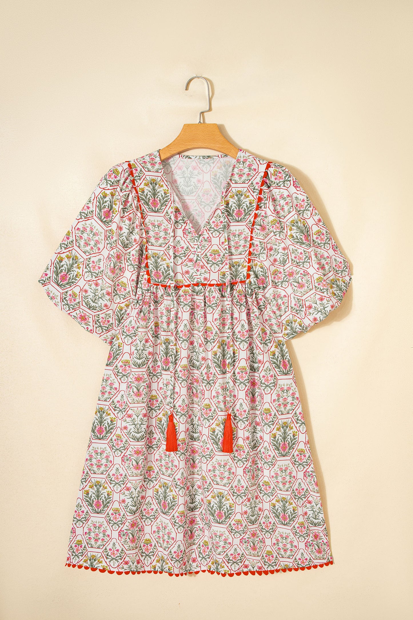 Pink Floral Print Tassel Tie V Neck Scalloped Detail Loose Mini Dress-TOPS / DRESSES-[Adult]-[Female]-2022 Online Blue Zone Planet