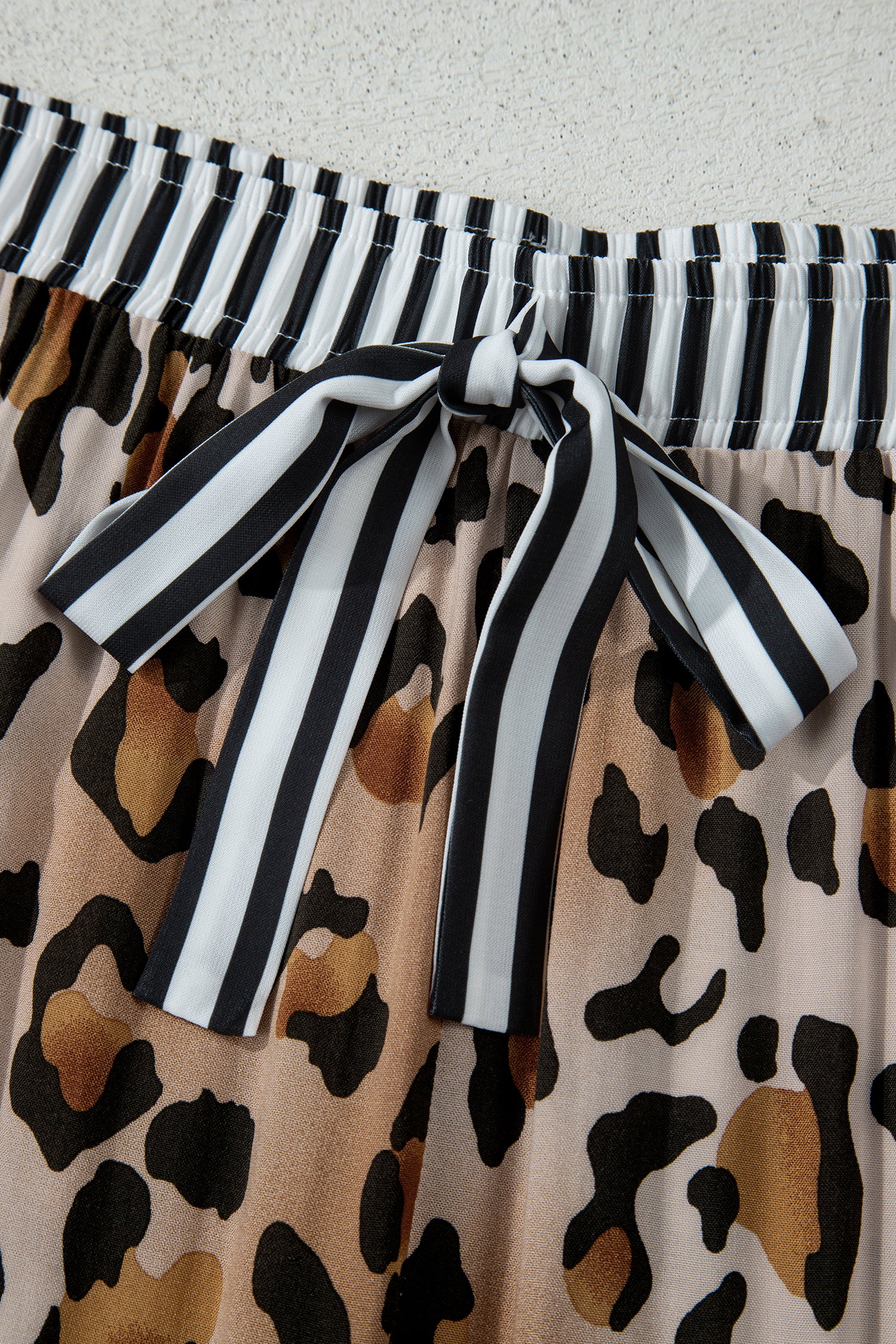 Khaki Plus Leopard Print Contrast Piping Striped Patchwork 2pcs Long Pajama Set-Plus Size/Plus Size Loungewear-[Adult]-[Female]-2022 Online Blue Zone Planet