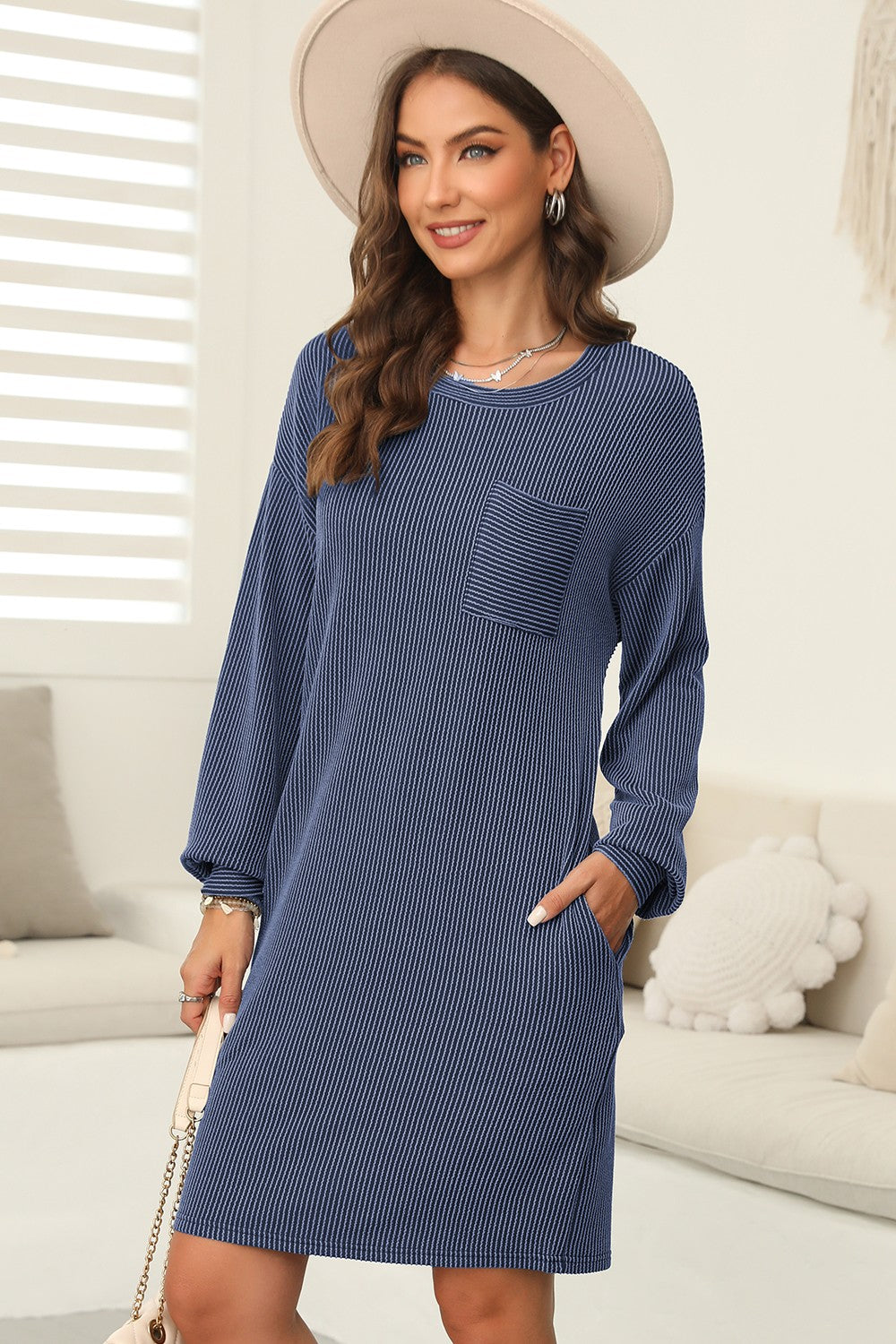 Blue Zone Planet | Striped Round Neck Long Sleeve Mini Dress-TOPS / DRESSES-[Adult]-[Female]-2022 Online Blue Zone Planet