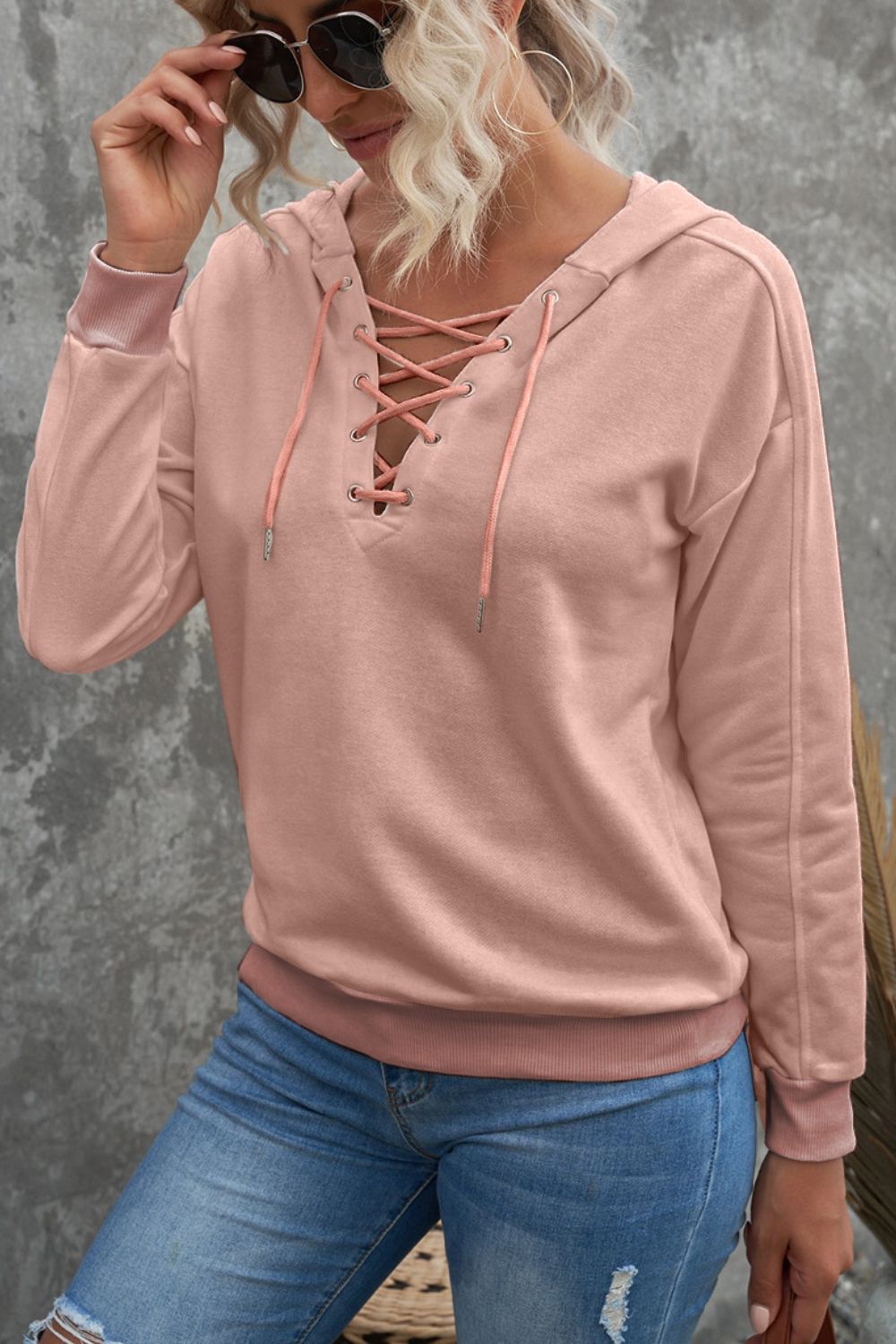 Lace Up Long Sleeve Hoodie-TOPS / DRESSES-[Adult]-[Female]-2022 Online Blue Zone Planet