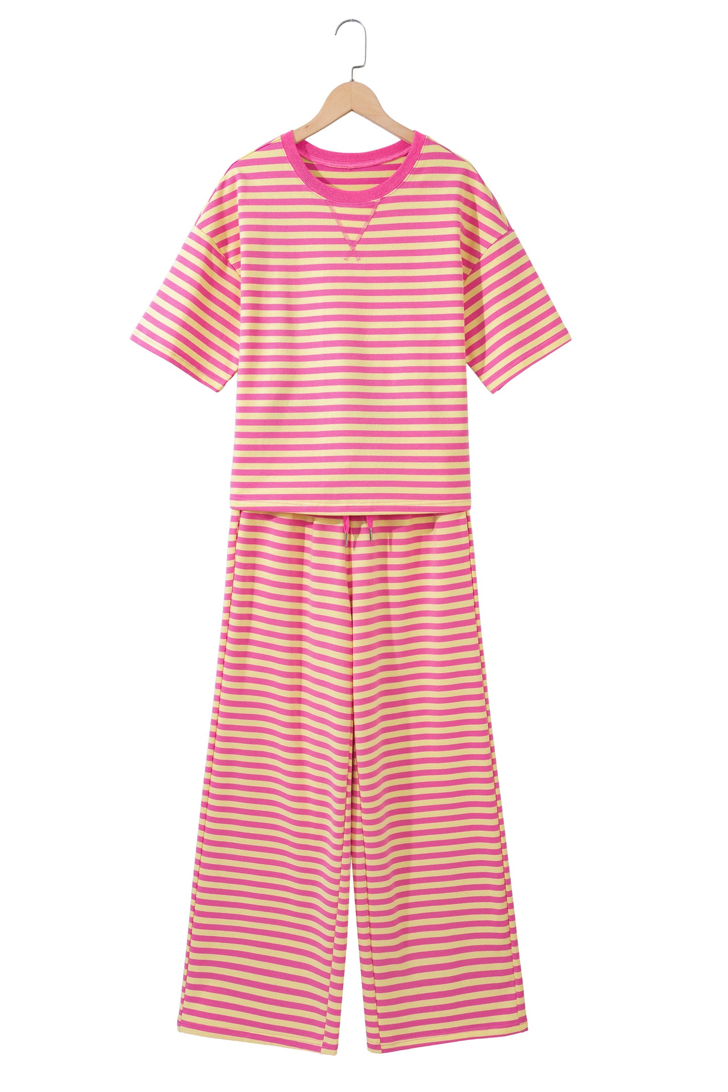 Pink Stripe Colorblock Trim Crew Neck Loose Tee Drawstring Elastic Waist 2pcs Pant Set-Two Piece Sets/Pant Sets-[Adult]-[Female]-2022 Online Blue Zone Planet