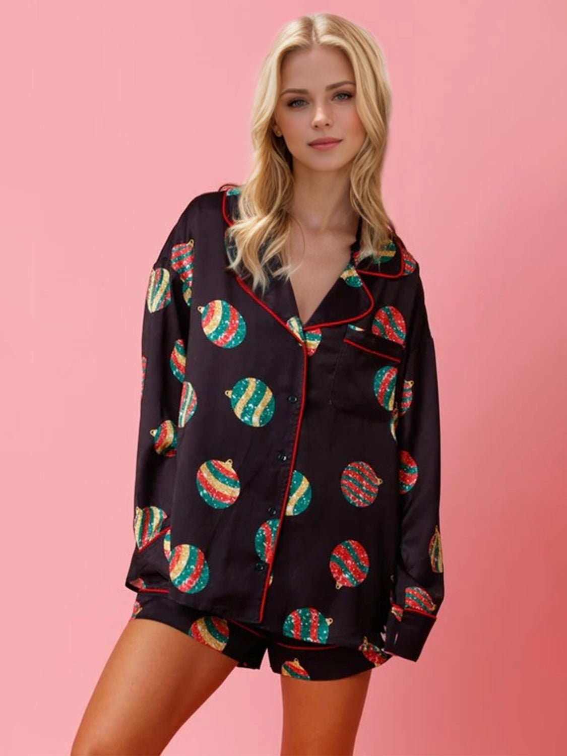 Blue Zone Planet | Christmas Printed Collared Neck Long Sleeve Top and Shorts Set-TOPS / DRESSES-[Adult]-[Female]-Multicolor-S-2022 Online Blue Zone Planet