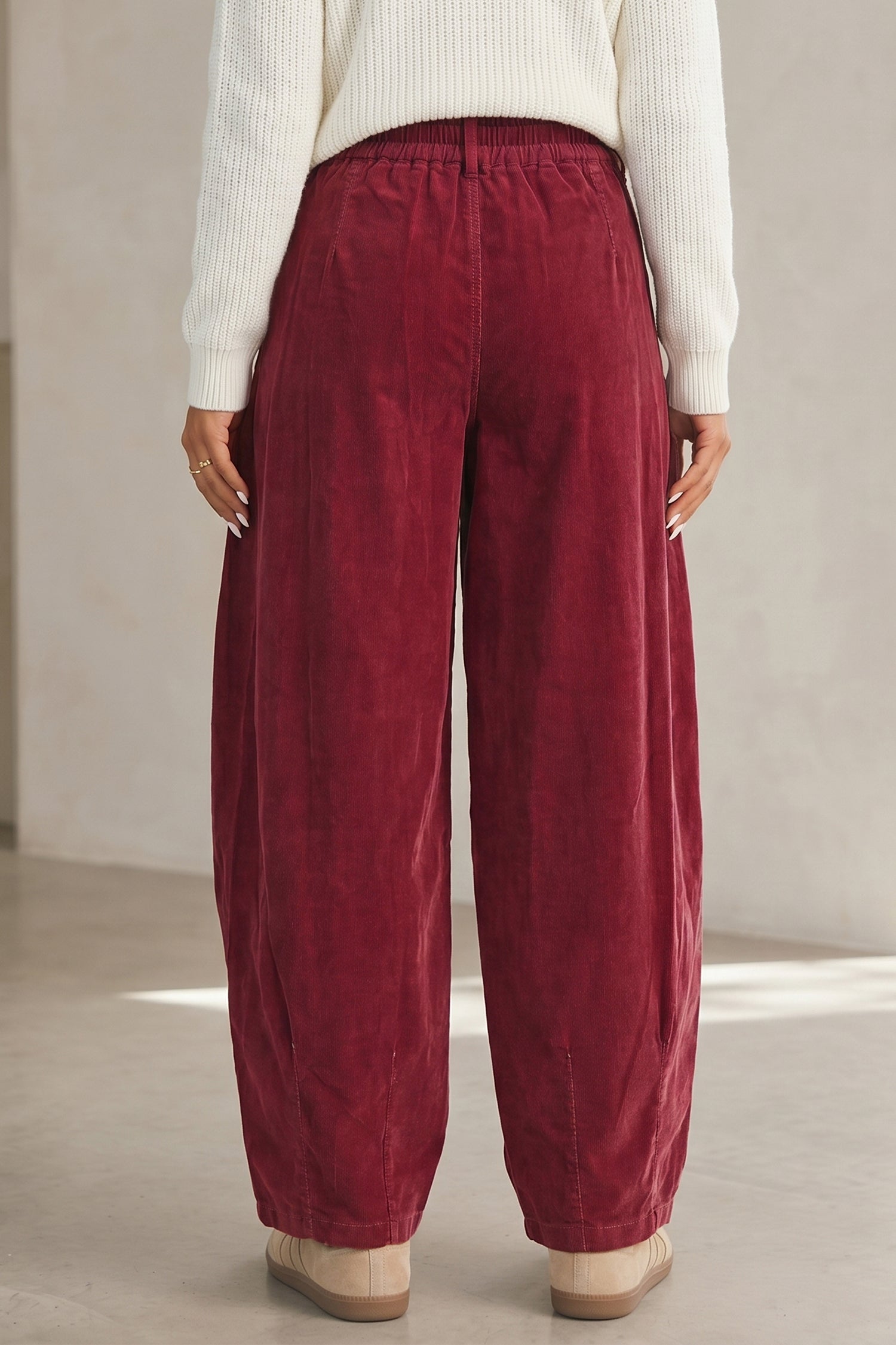 Racing Red Elastic Waist Drawstring Corduroy Casual Pants-Bottoms/Pants & Culotte-[Adult]-[Female]-2022 Online Blue Zone Planet