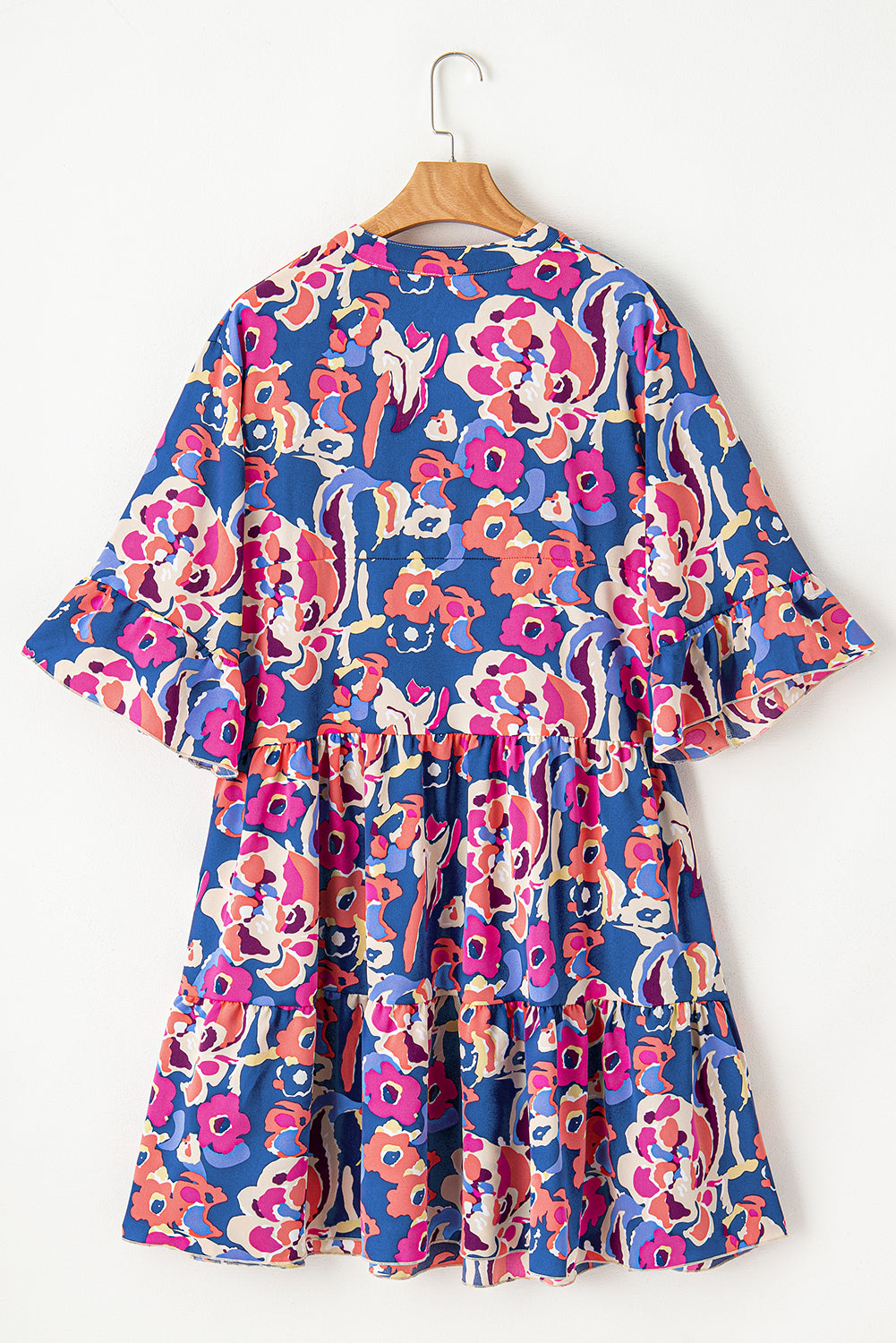 Blue Zone Planet | Blue Plus Size Floral Print Ruffled 3/4 Sleeve Mini Dress-TOPS / DRESSES-[Adult]-[Female]-2022 Online Blue Zone Planet