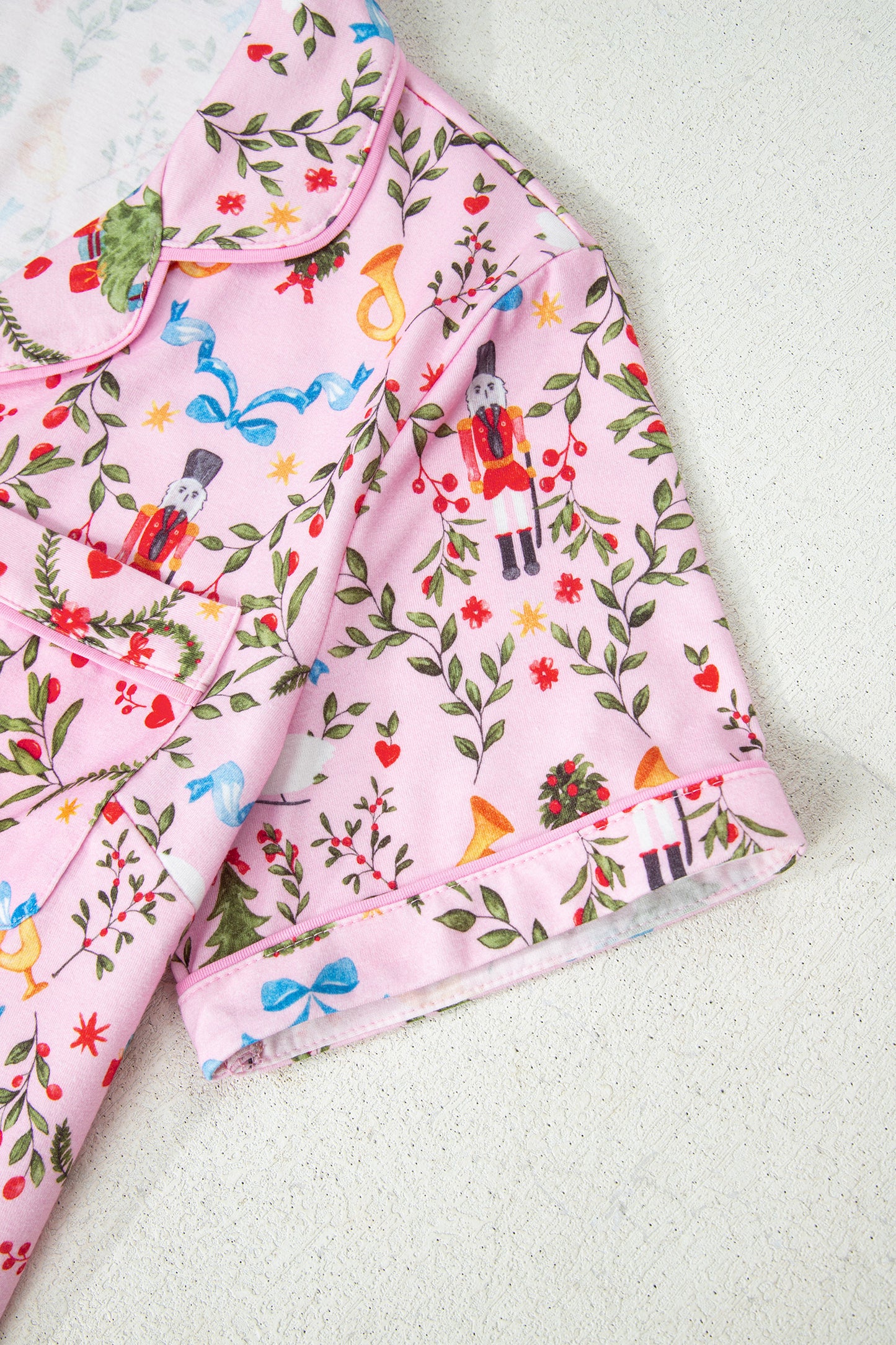Pink Nutcracker Doll Christmas Print Ribbon Tie Waist Short 2pcs Pajama Set-Loungewear & Sleepwear/Sleepwear-[Adult]-[Female]-2022 Online Blue Zone Planet