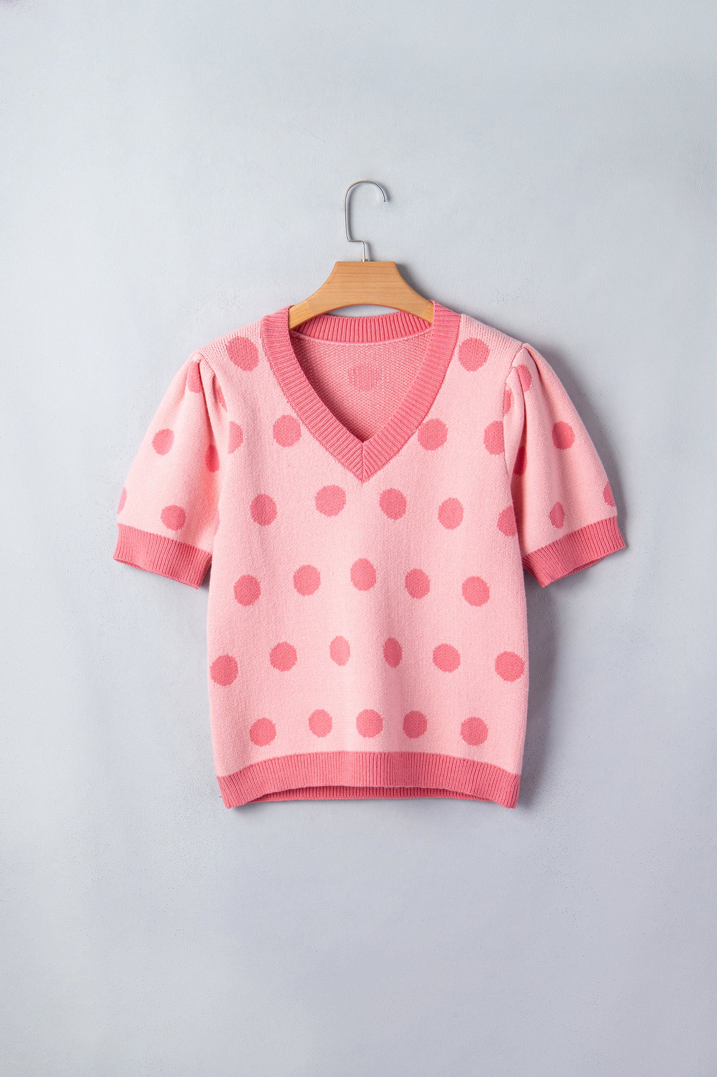 Rose Red Polka Dot Puff Short Sleeve Sweater Top-Sweaters & Cardigans/Short Sleeve Sweaters-[Adult]-[Female]-2022 Online Blue Zone Planet