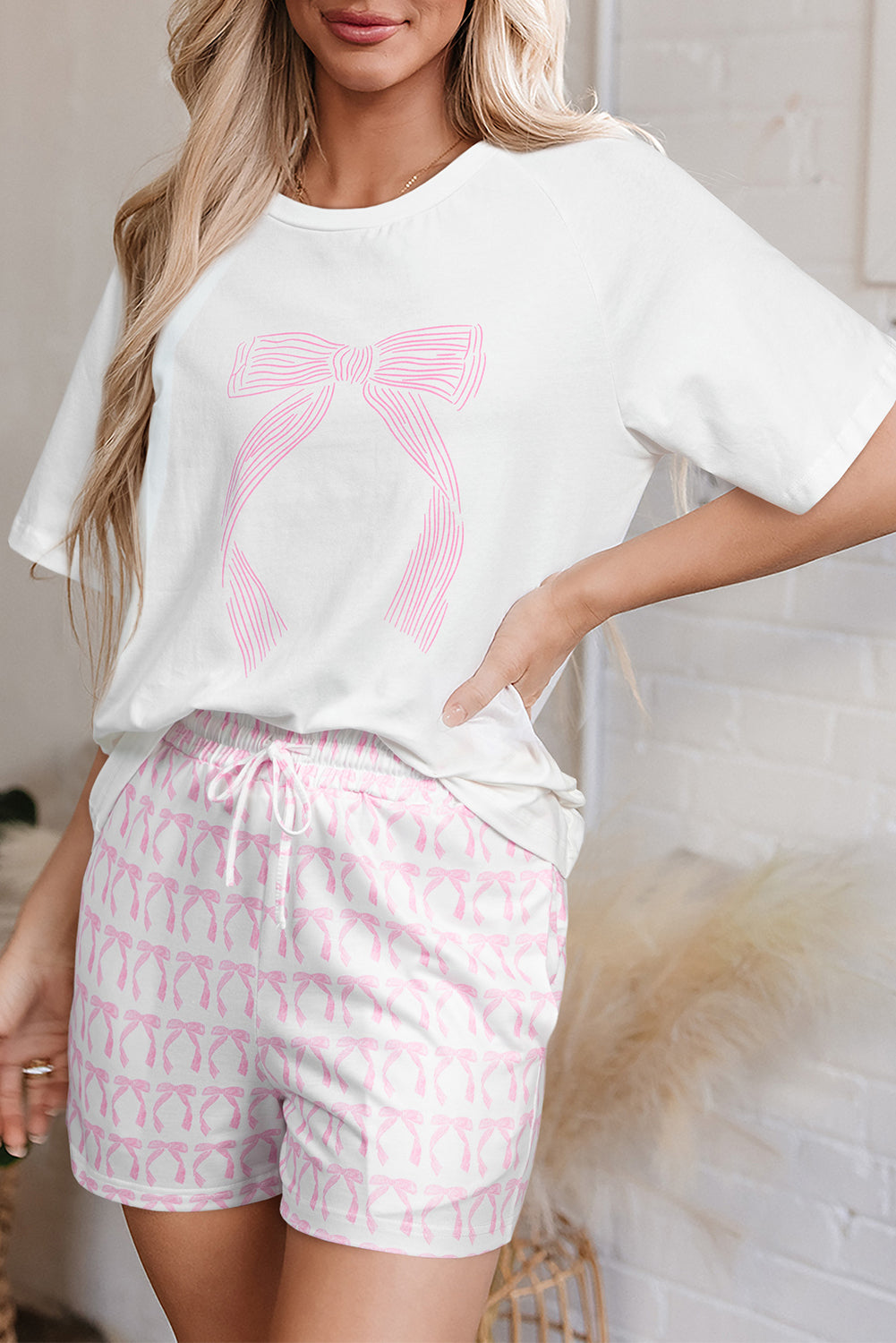 Pink Bow Knot Print Loose Fit Two Piece Casual Lounge Set-Loungewear & Sleepwear/Loungewear-[Adult]-[Female]-2022 Online Blue Zone Planet