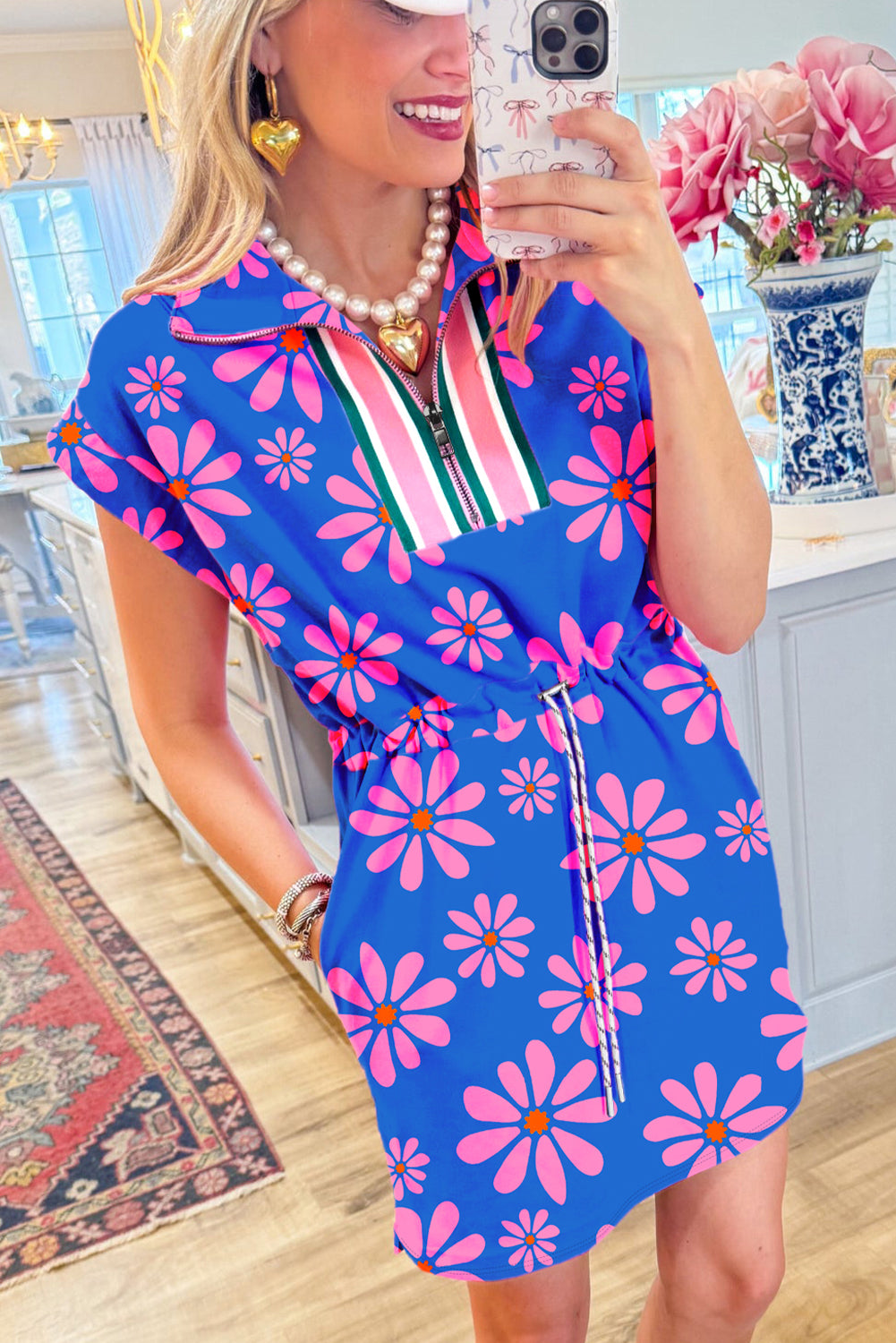 Purple Floral Striped Quarter Zip Cap Sleeve Drawstring Waist Mini Dress-Dresses/Floral Dresses-[Adult]-[Female]-2022 Online Blue Zone Planet