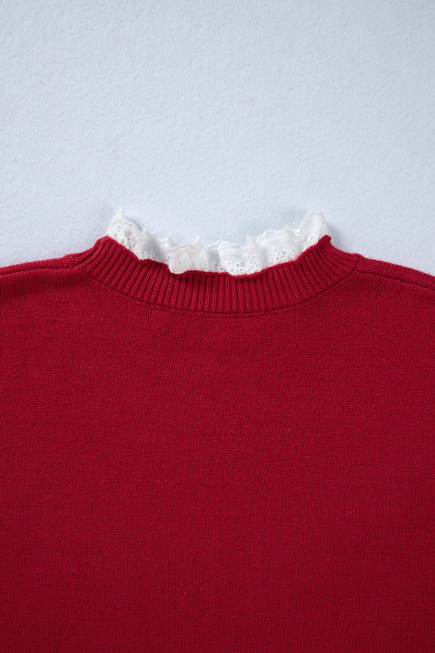 Racing Red Lace Trim Patchwork Buttoned Cuffs Loose Sweater-TOPS / DRESSES-[Adult]-[Female]-2022 Online Blue Zone Planet