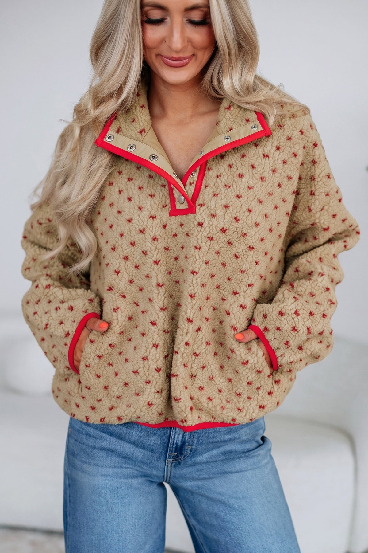 Khaki Heart Pattern Fleece Colorblock Collar Long Sleeve Sweatshirt-Tops/Sweatshirts & Hoodies-[Adult]-[Female]-2022 Online Blue Zone Planet