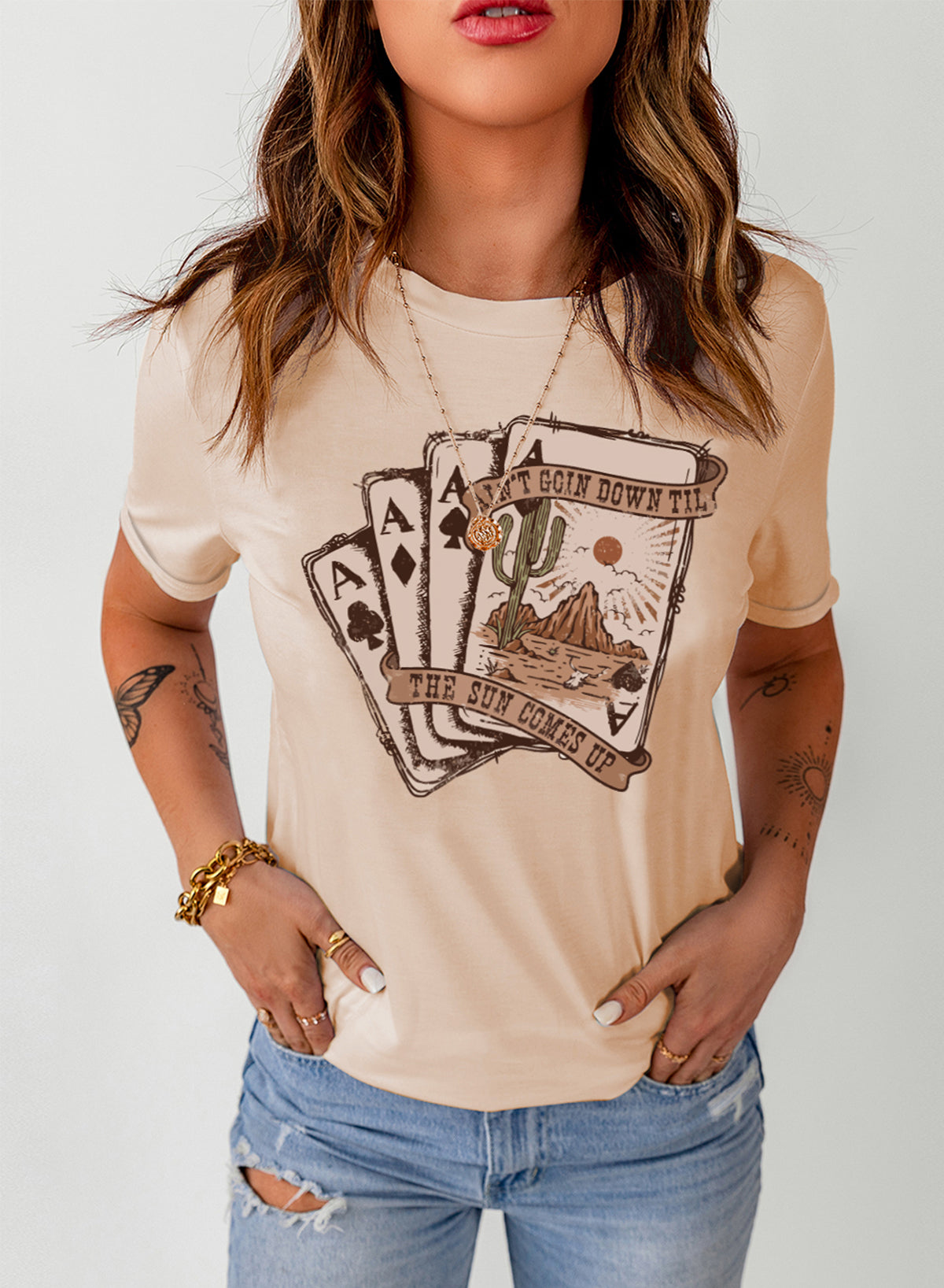 Khaki Western Poker Cards Graphic T Shirt-Graphic/Graphic Tees-[Adult]-[Female]-2022 Online Blue Zone Planet