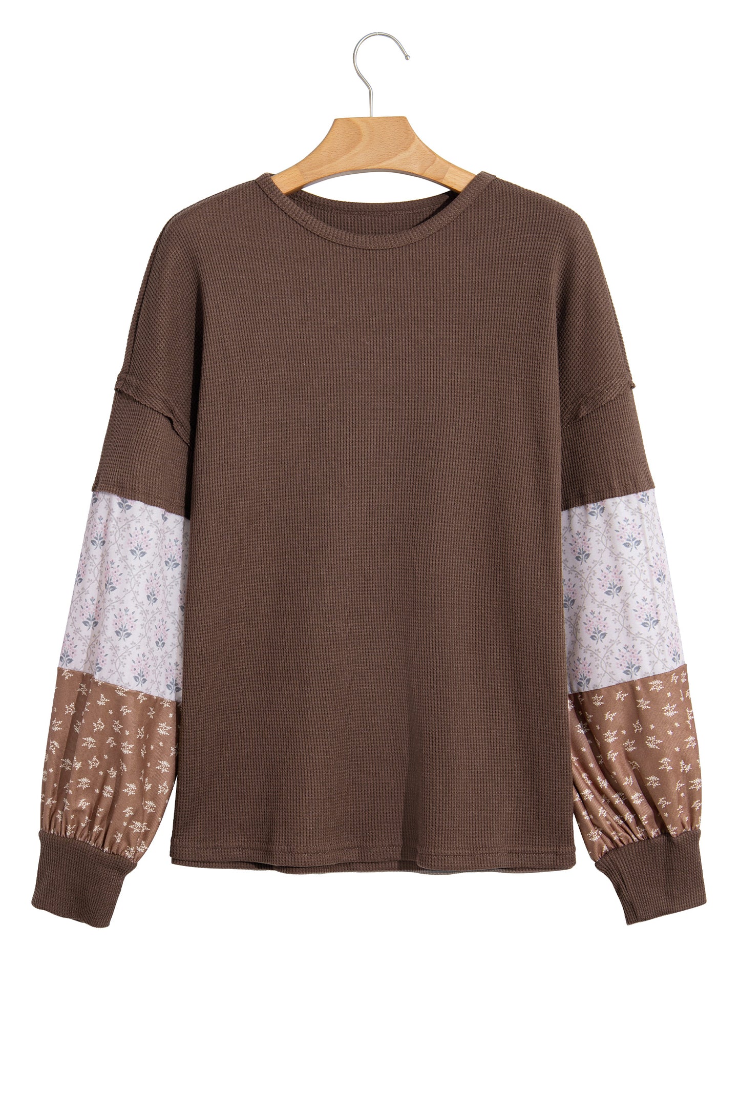Coffee Floral Print Colorblock Long Sleeve Textured Loose Pullover Tunic Top-Tops/Long Sleeve Tops-[Adult]-[Female]-2022 Online Blue Zone Planet