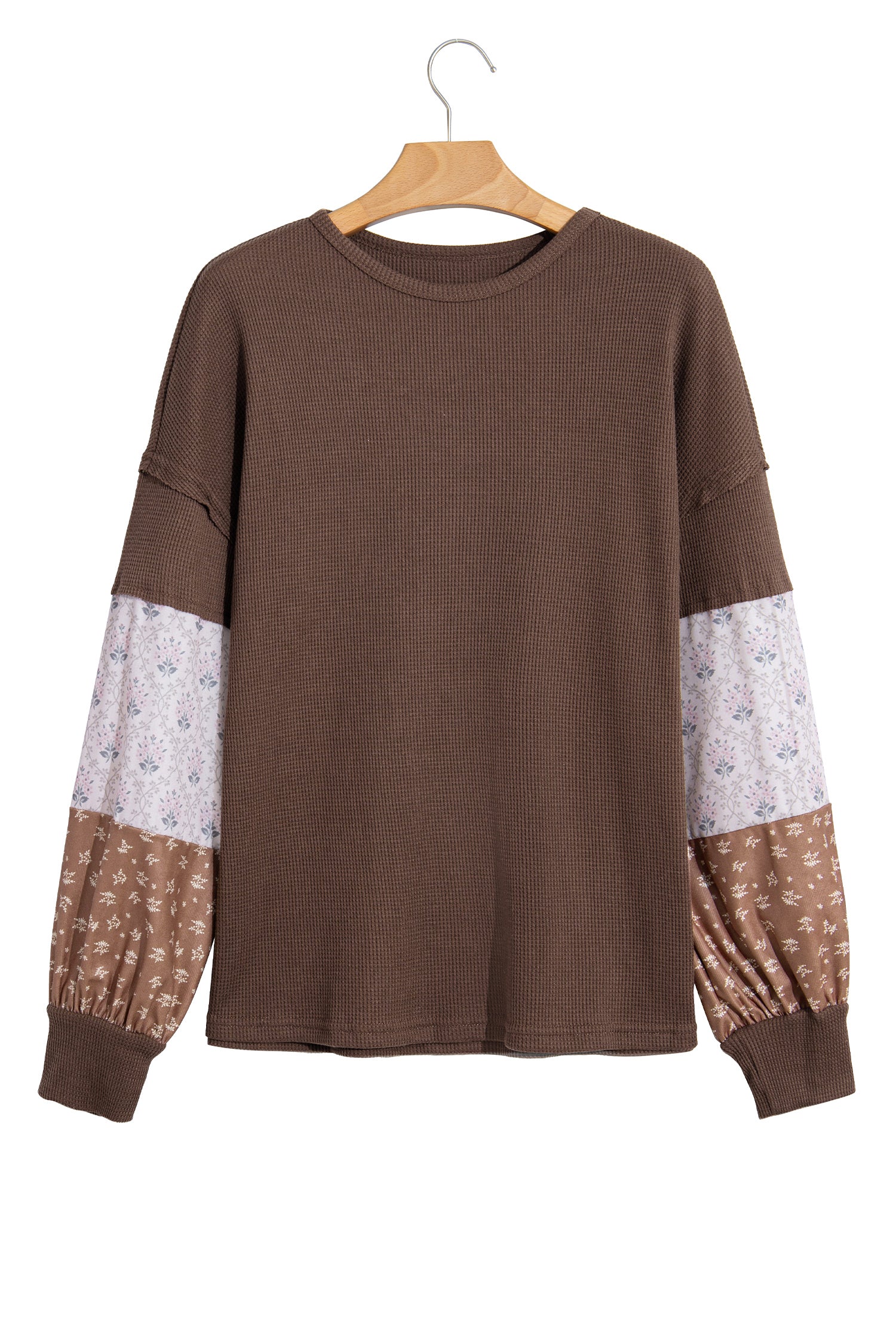 Coffee Floral Print Colorblock Long Sleeve Textured Loose Pullover Tunic Top-Tops/Long Sleeve Tops-[Adult]-[Female]-2022 Online Blue Zone Planet