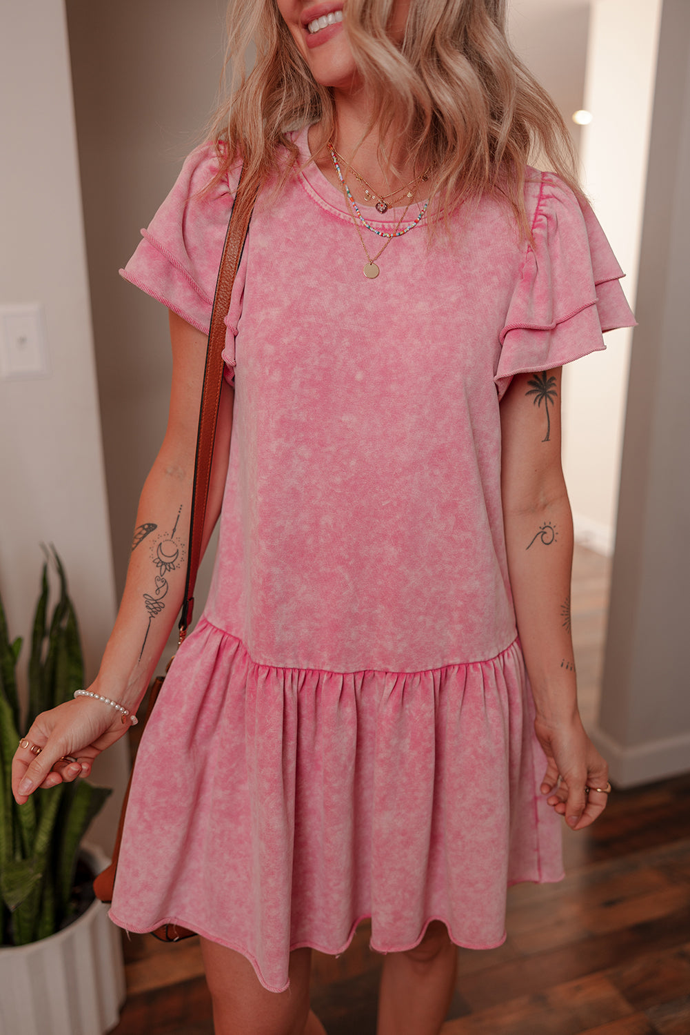 Sachet Pink Mineral Wash Raw Edge Ruffle Mini Dress-Dresses/Mini Dresses-[Adult]-[Female]-Sachet Pink-S-2022 Online Blue Zone Planet