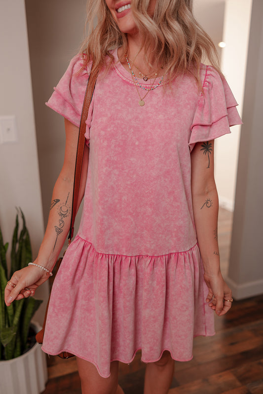 Sachet Pink Mineral Wash Raw Edge Ruffle Mini Dress-Dresses/Mini Dresses-[Adult]-[Female]-Sachet Pink-S-2022 Online Blue Zone Planet