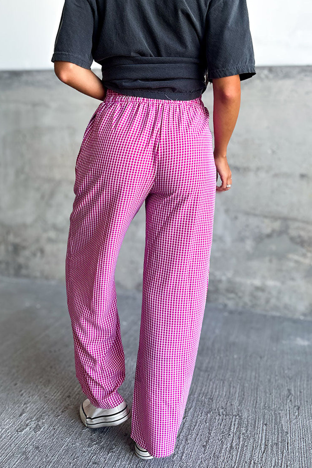 Blue Zone Planet | Pink Plaid Print Drawstring High Waist Wide Leg Casual Pants-Bottoms/Pants & Culotte-[Adult]-[Female]-2022 Online Blue Zone Planet