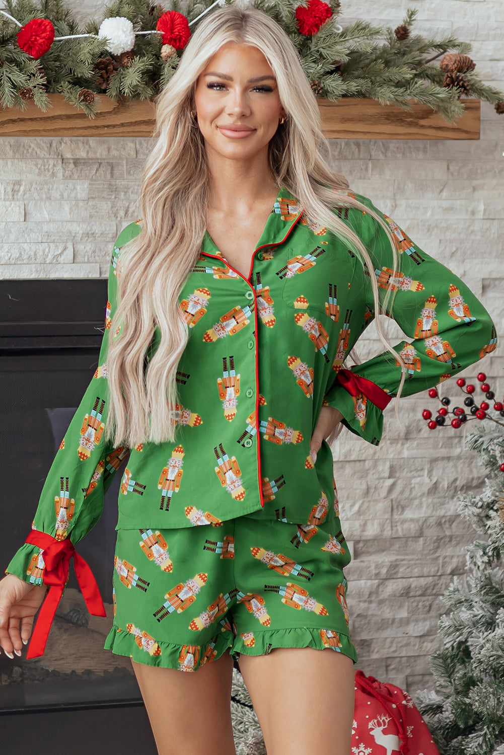 Green Christmas Candy Contrast Trim Bow Knot Silky 2pcs Pajama Set-Loungewear & Sleepwear/Sleepwear-[Adult]-[Female]-2022 Online Blue Zone Planet
