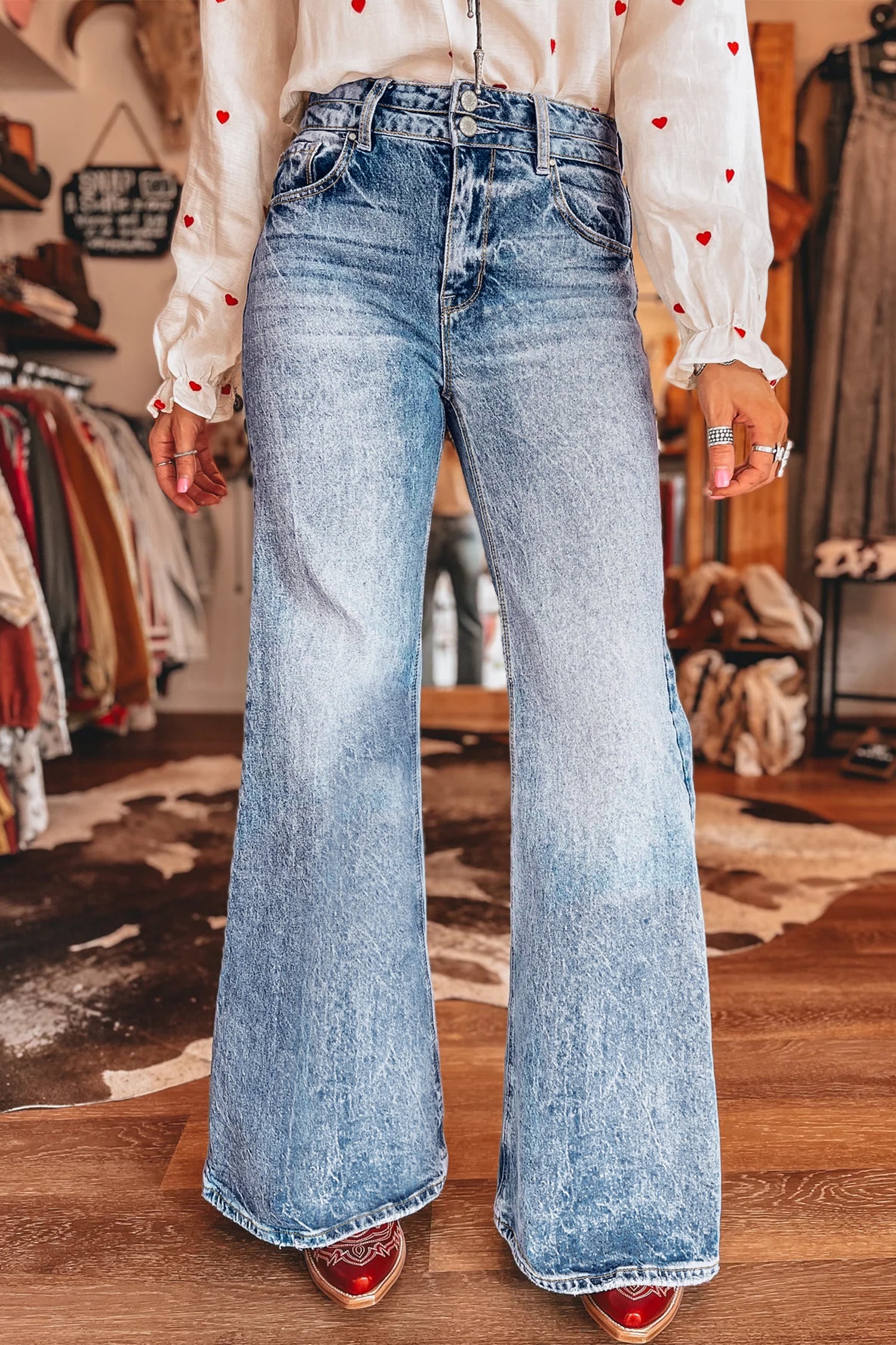 Beau Blue Acid Wash Pocket Detail Flare Jeans-Bottoms/Jeans-[Adult]-[Female]-2022 Online Blue Zone Planet