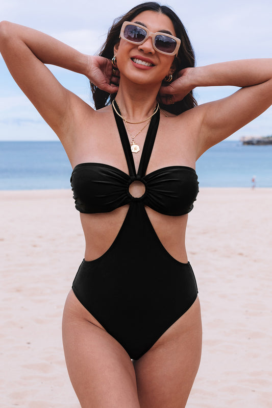 Black Halter O-ring Ruched Bust One Piece Swimsuit-Swimwear/One Piece Swimsuit-[Adult]-[Female]-Black-S-2022 Online Blue Zone Planet