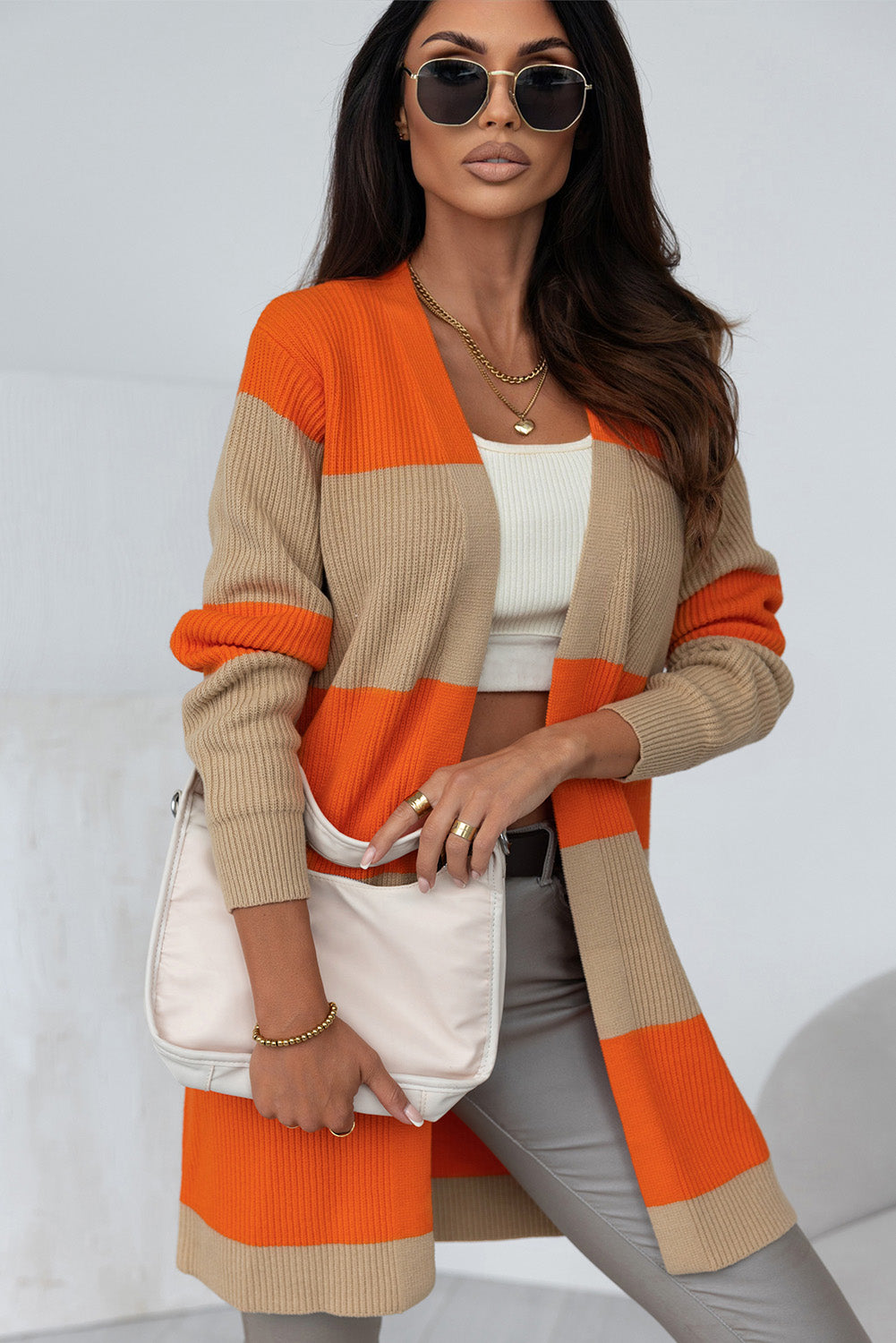 Orange Colorblock Ribbed Knit Cardigan-Sale (50% OFF)/30% OFF-[Adult]-[Female]-Orange-S-2022 Online Blue Zone Planet
