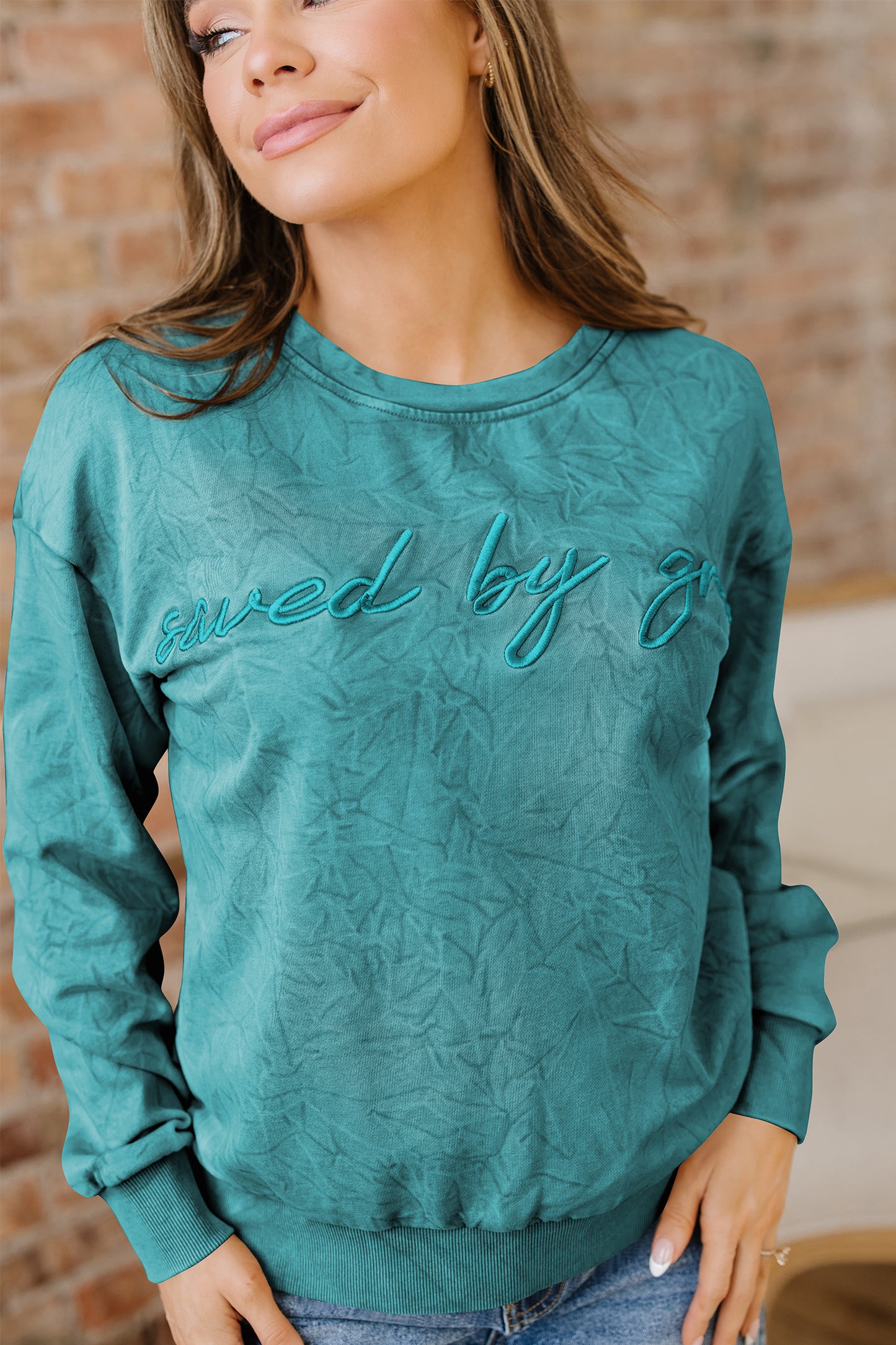 High-Rise Saved By Grace Letter Embroidery Mineral Wash Loose Sweatshirt-Tops/Sweatshirts & Hoodies-[Adult]-[Female]-2022 Online Blue Zone Planet