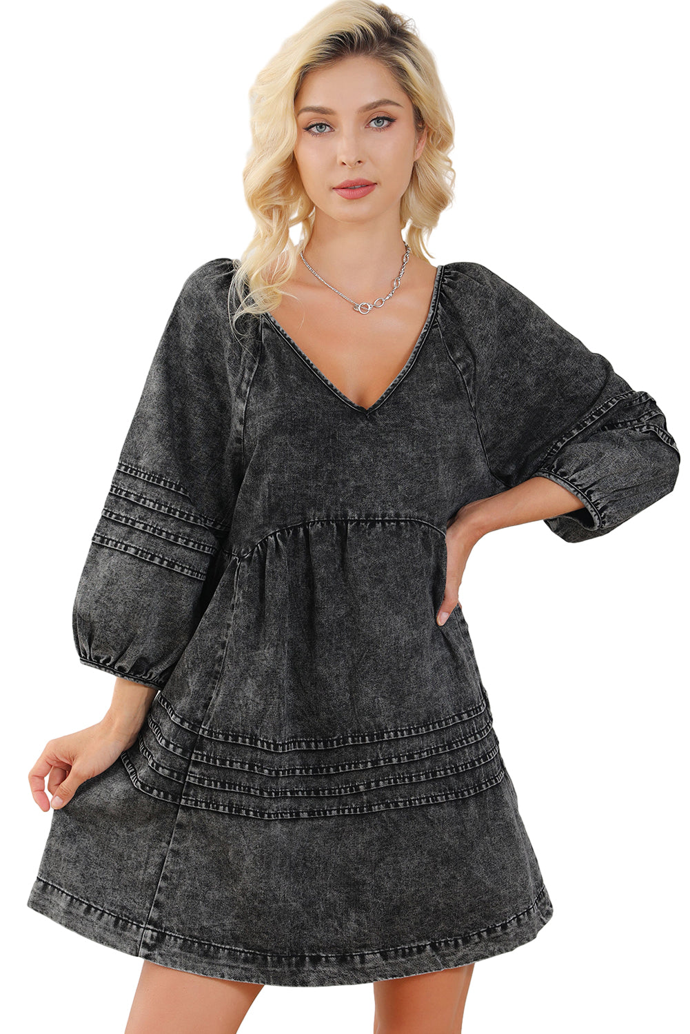 Blue Zone Planet | Black Pleated V Neck Puff Sleeve Denim Babydoll Dress-TOPS / DRESSES-[Adult]-[Female]-2022 Online Blue Zone Planet