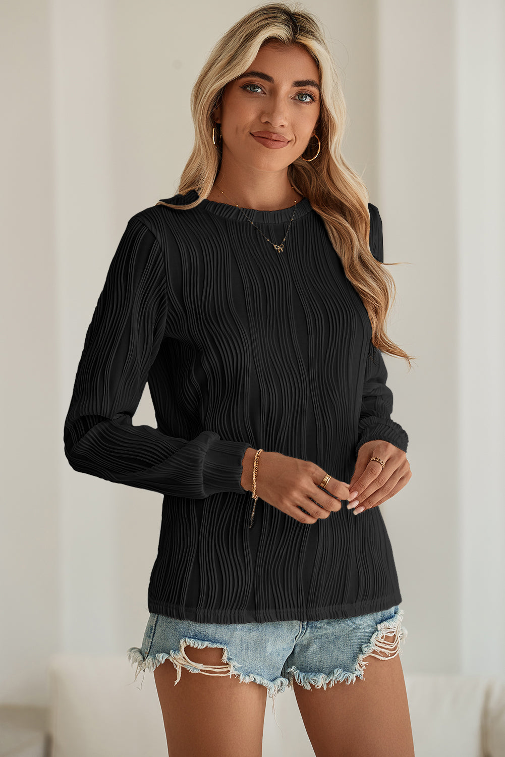 Blue Zone Planet | White Wavy Textured Solid Color Drop Shoulder Pullover Top-Long Sleeve Tops-[Adult]-[Female]-2022 Online Blue Zone Planet