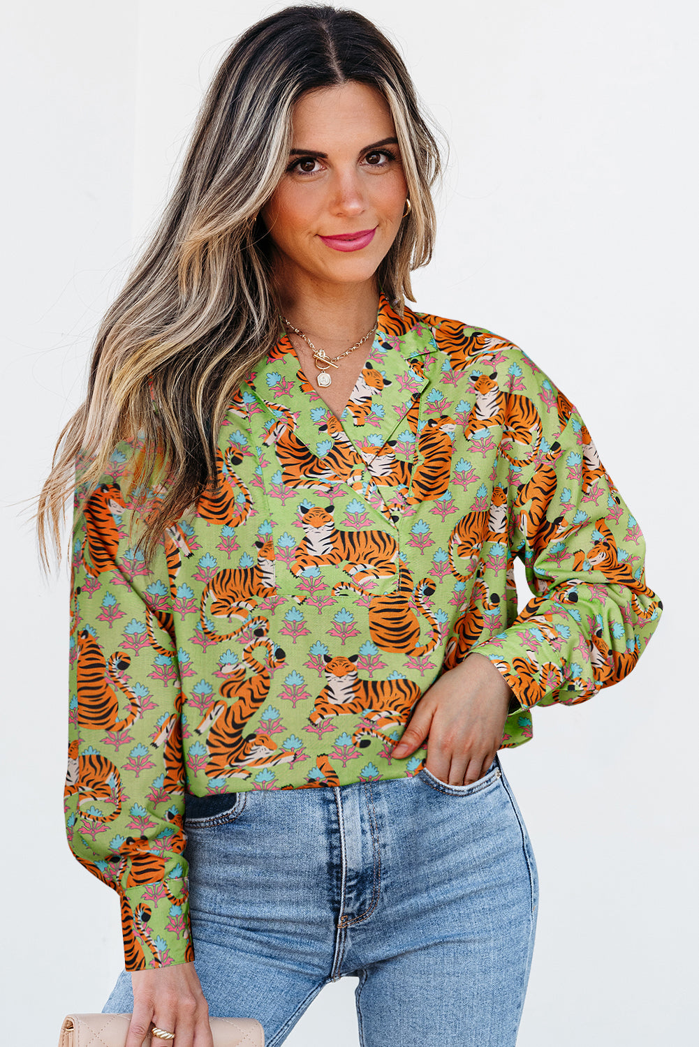 Blue Zone Planet | Green Tiger Floral Printed Collared V Neck Casual Shirt-Tops/Blouses & Shirts-[Adult]-[Female]-2022 Online Blue Zone Planet