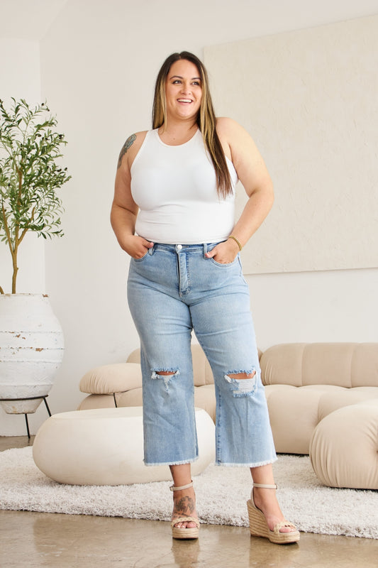 Blue Zone Planet | RFM Full Size Tummy Control High Waist Raw Hem Distressed Jeans-BOTTOMS SIZES SMALL MEDIUM LARGE-[Adult]-[Female]-Light Potassium w/ destruct-23-2022 Online Blue Zone Planet