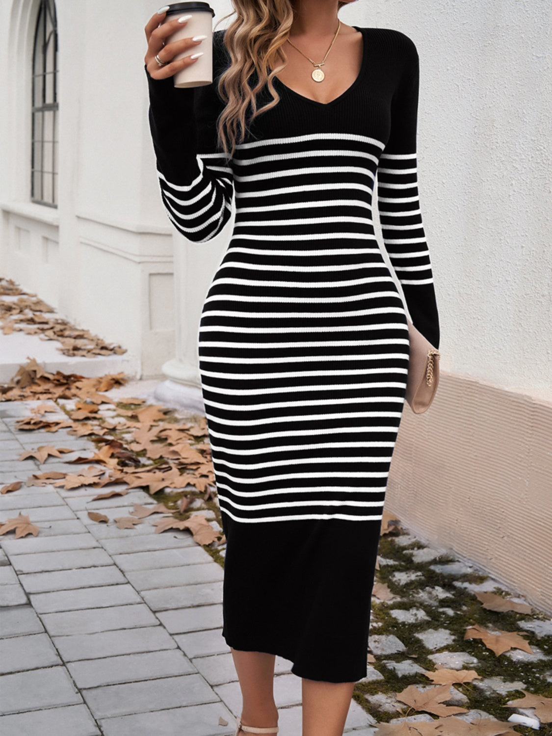 Striped V-Neck Long Sleeve Sweater Dress-TOPS / DRESSES-[Adult]-[Female]-2022 Online Blue Zone Planet