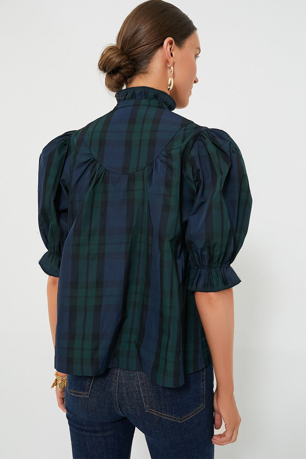 Green Stripe Plaid Puff Sleeve Frilled Trim Elegant Blouse-Tops/Blouses & Shirts-[Adult]-[Female]-2022 Online Blue Zone Planet